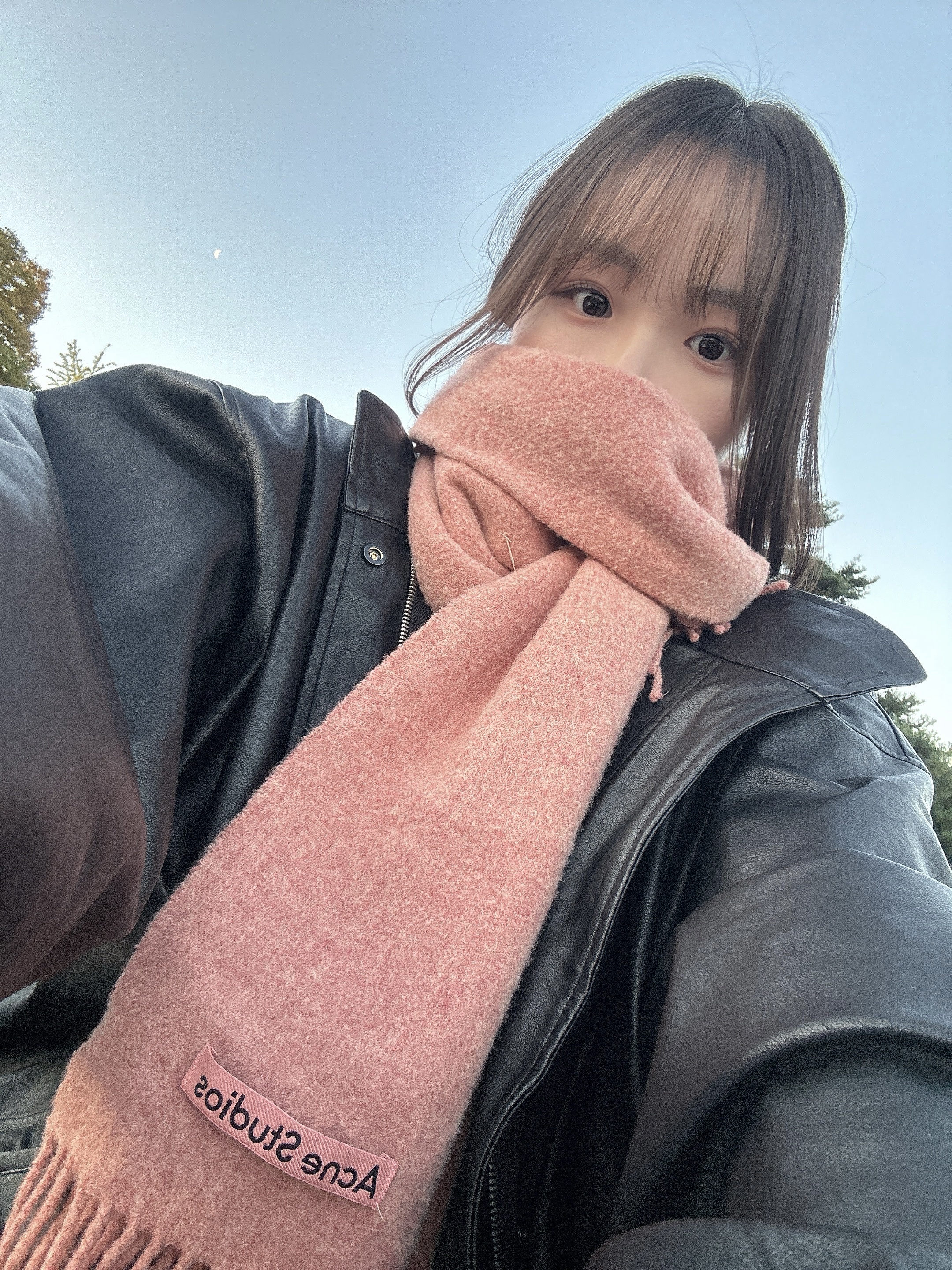 Acne Studios Narrow Wool Fringe Muffler Rose Melange 착용 스타일