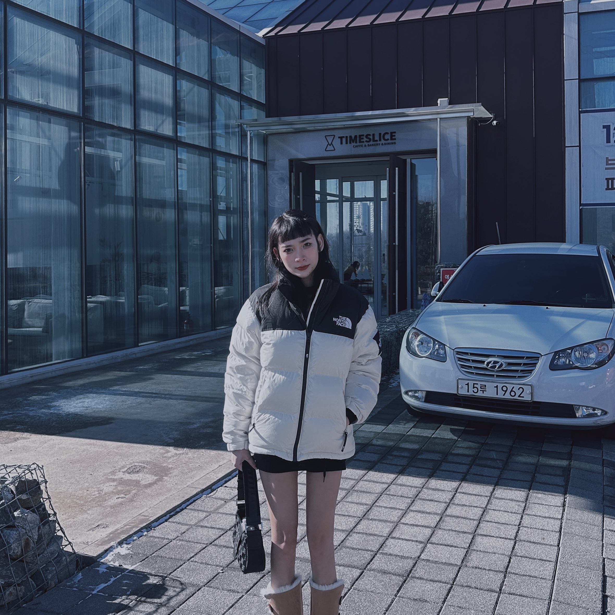The North Face White Label Novelty Nuptse Down Jacket Cream 착용 스타일