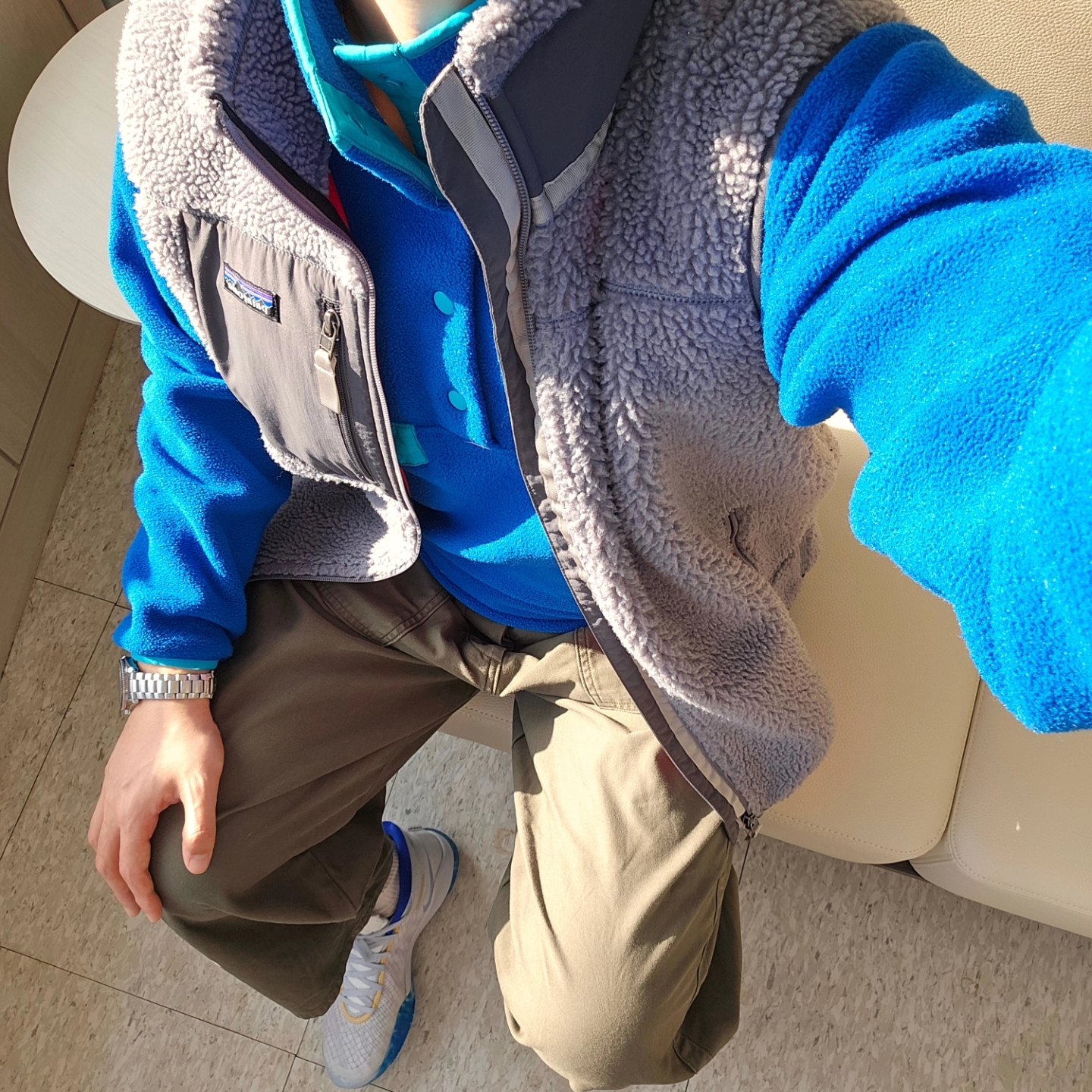Patagonia Synchilla Snap-T Fleece Pullover Passage Blue, Patagonia Classic Retro-X Vest Nouveau Green 착용 스타일 - 4