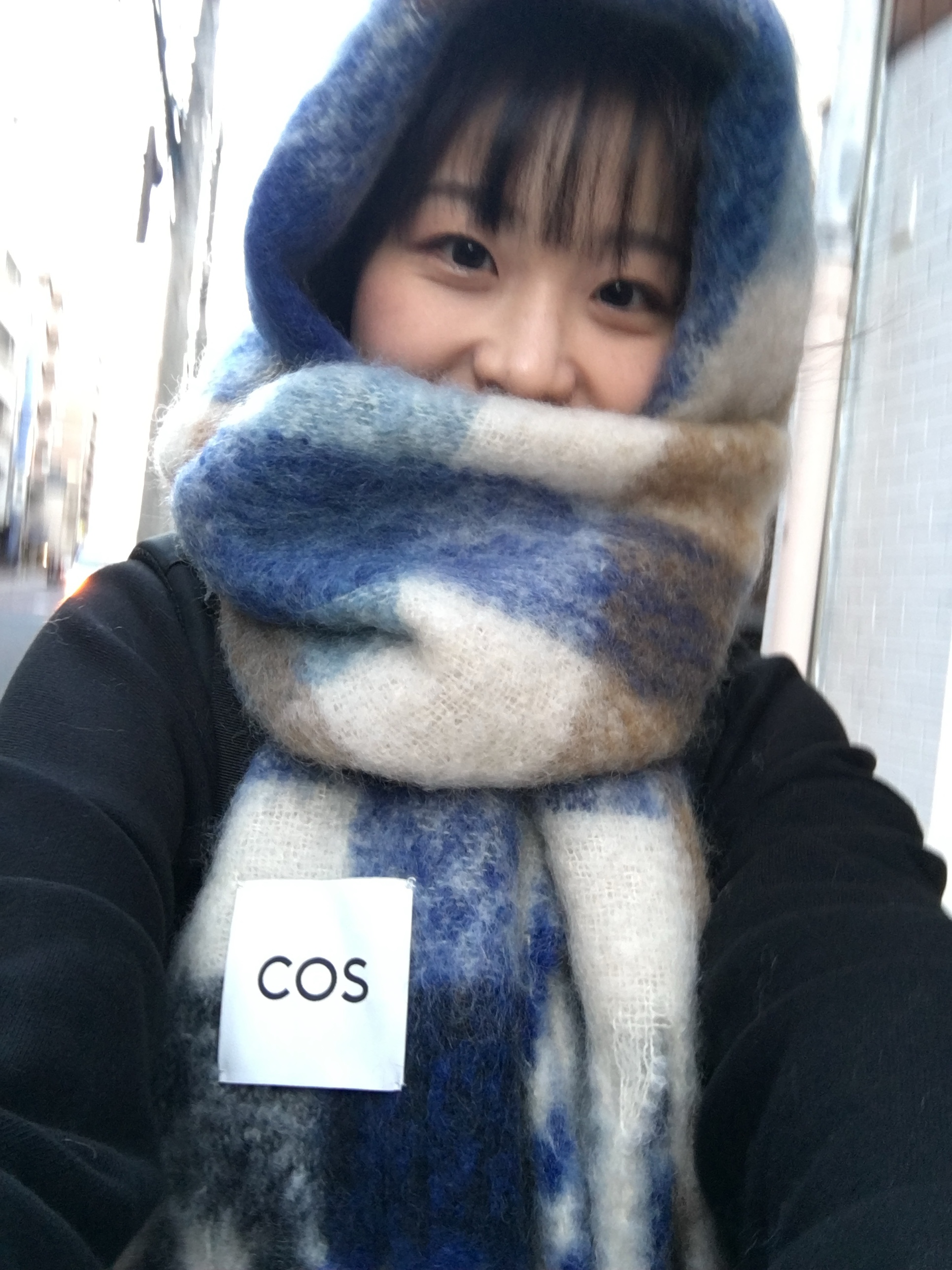 COS Oversized Mohair Blend Muffler Blue Brown Checked 착용 스타일
