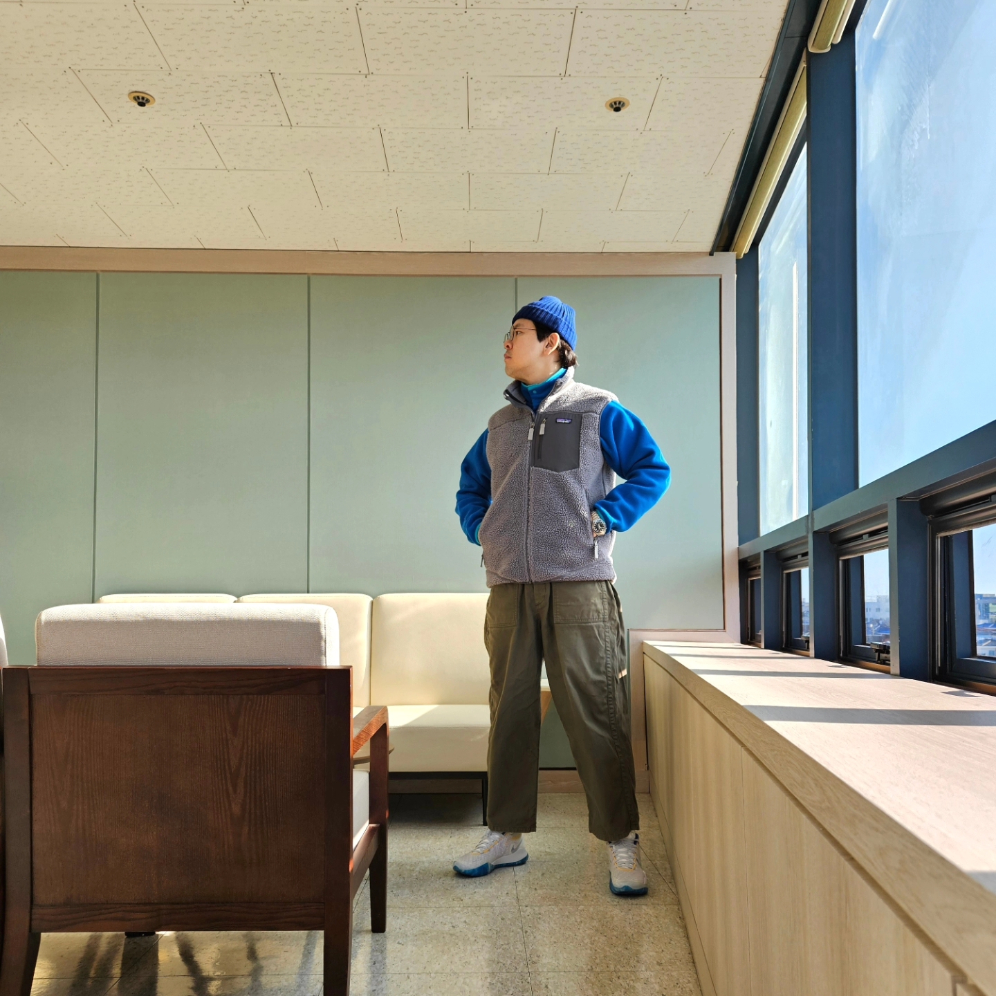 Patagonia Synchilla Snap-T Fleece Pullover Passage Blue, Patagonia Classic Retro-X Vest Nouveau Green 착용 스타일 - 2