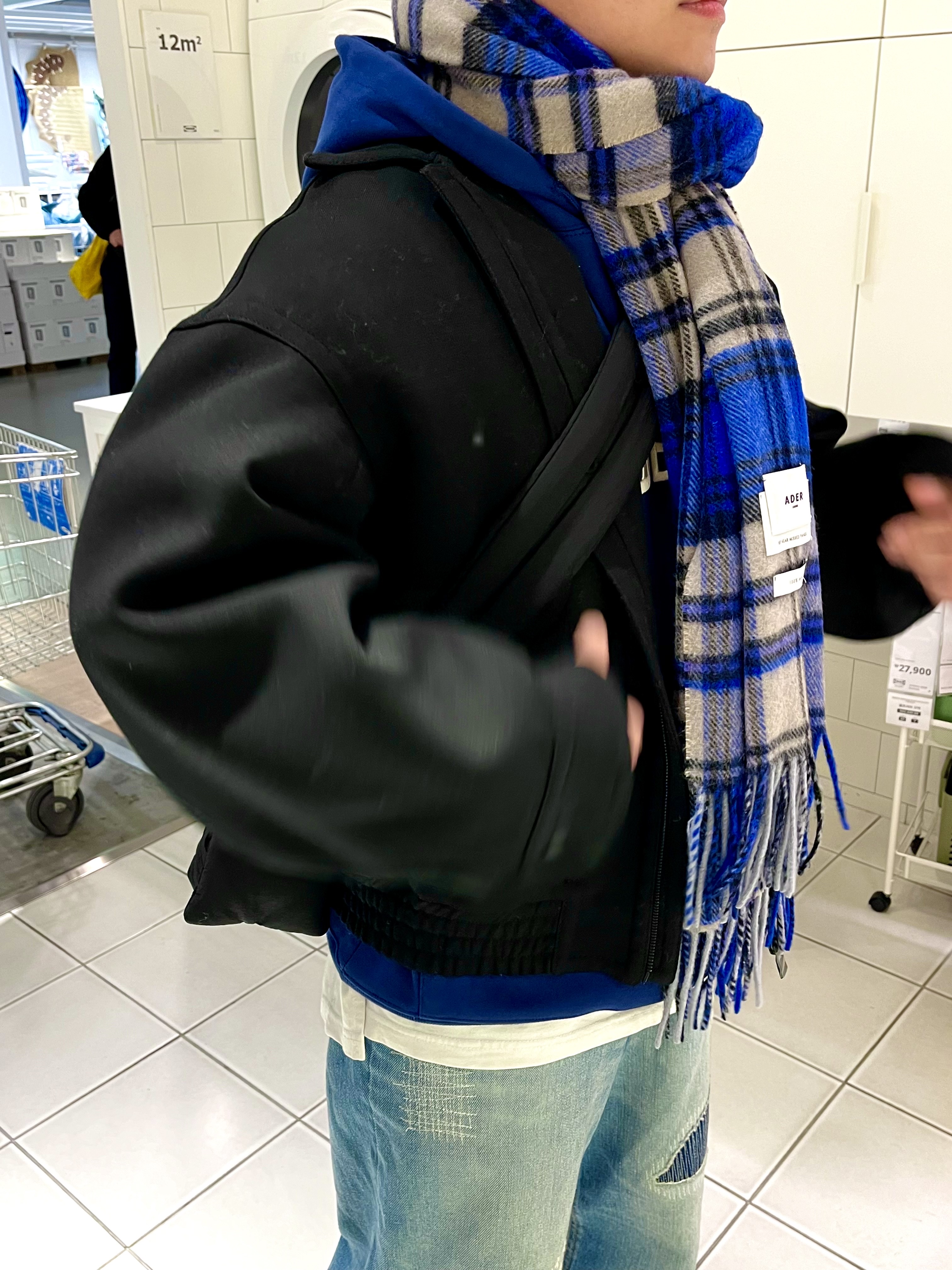 Zara x Ader Error Patchwork Jeans Blue, Ader Error Revint Plaid Muffler Z-Blue 착용 스타일
