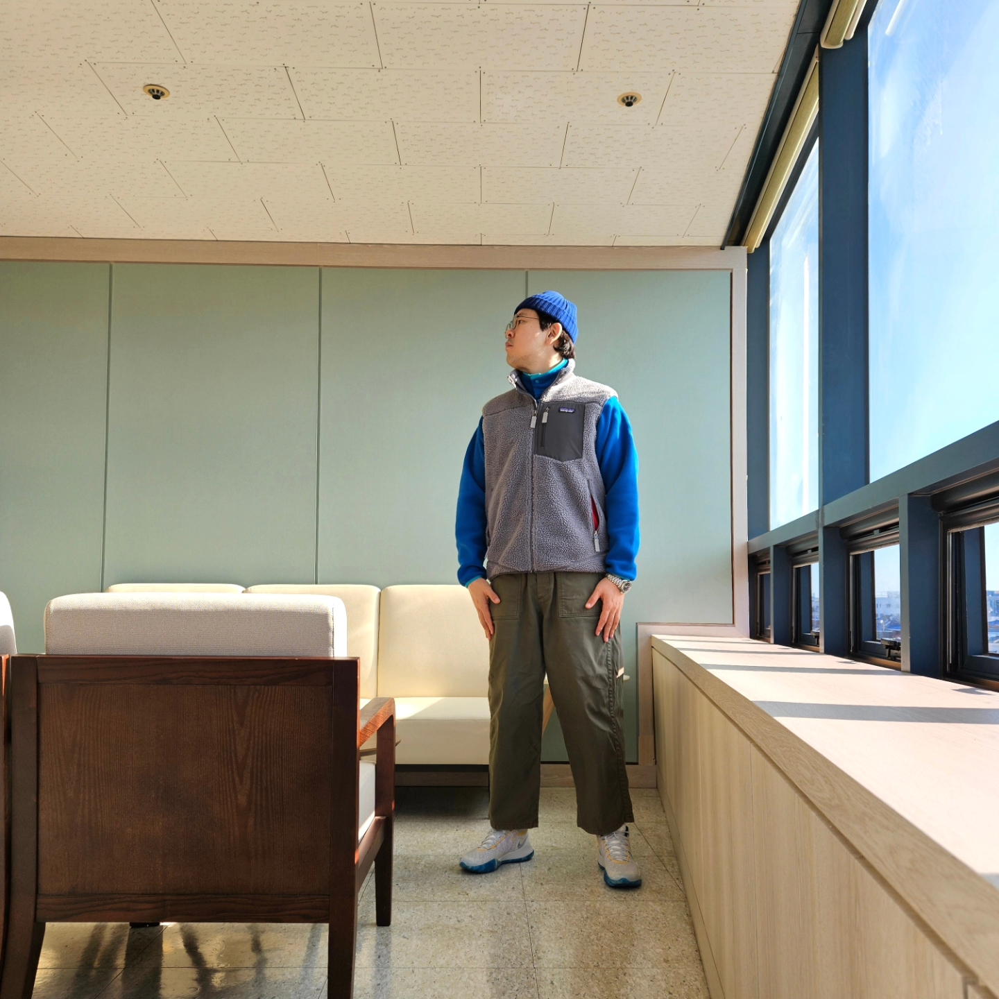 Patagonia Synchilla Snap-T Fleece Pullover Passage Blue, Patagonia Classic Retro-X Vest Nouveau Green 착용 스타일 - 1
