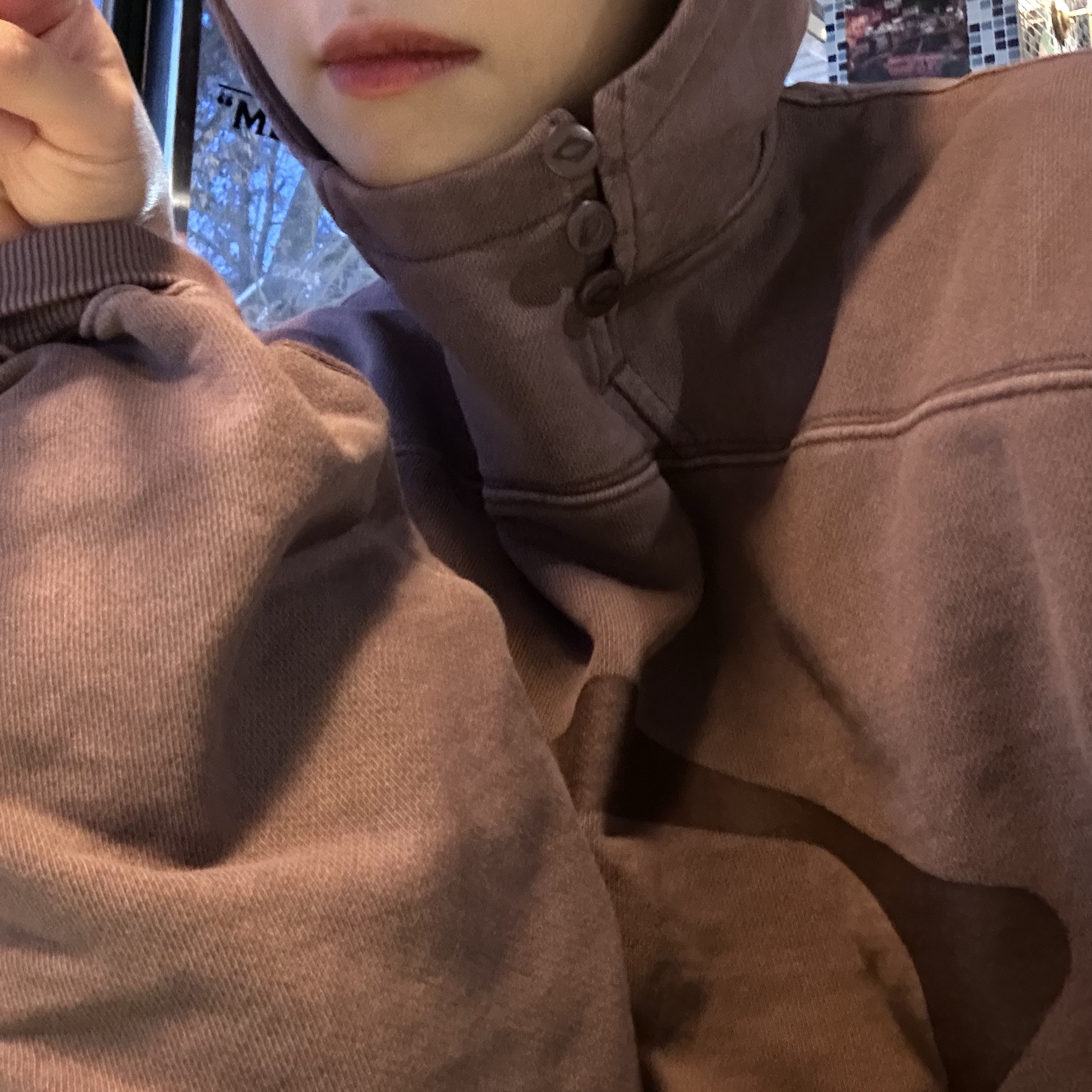(W) Mischief Rhombus Side Button Up Hoodie Washed Red Brown 착용 스타일 - 2