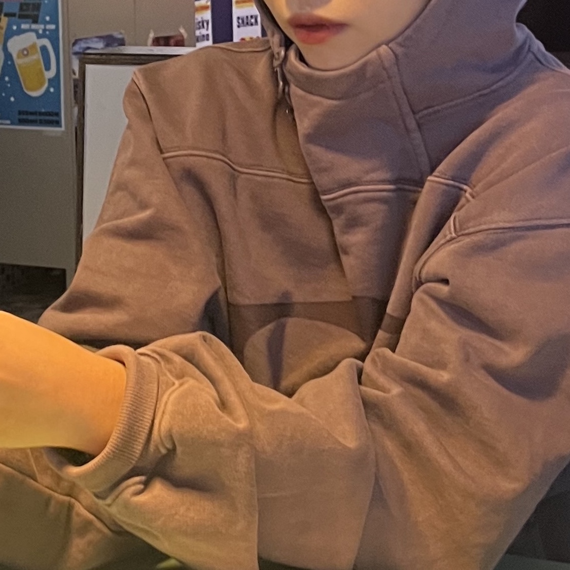 (W) Mischief Rhombus Side Button Up Hoodie Washed Red Brown 착용 스타일 - 1