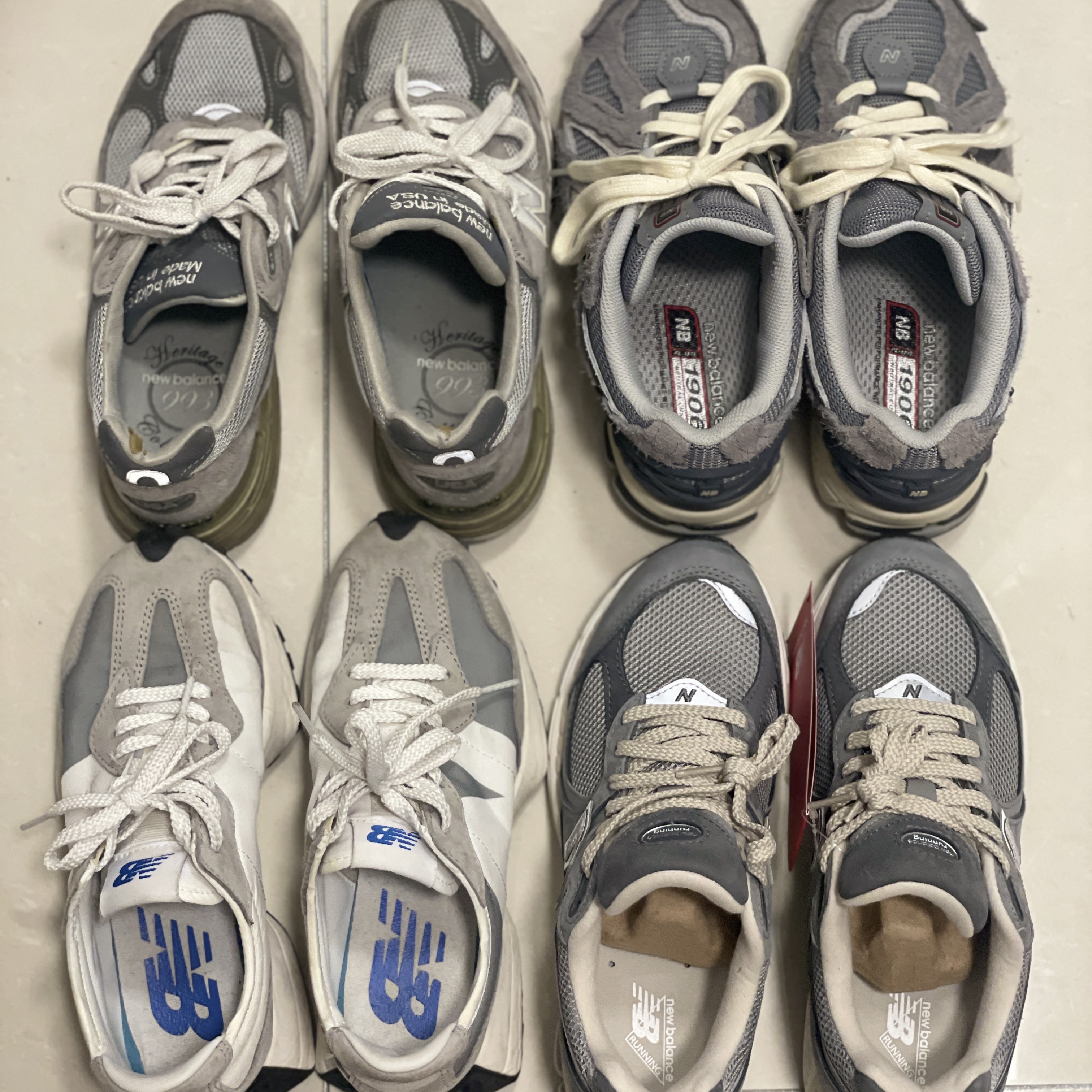 (W) New Balance 993 Made in USA Grey - B Standard, New Balance 2002R Premium Vintage Grey 착용 스타일