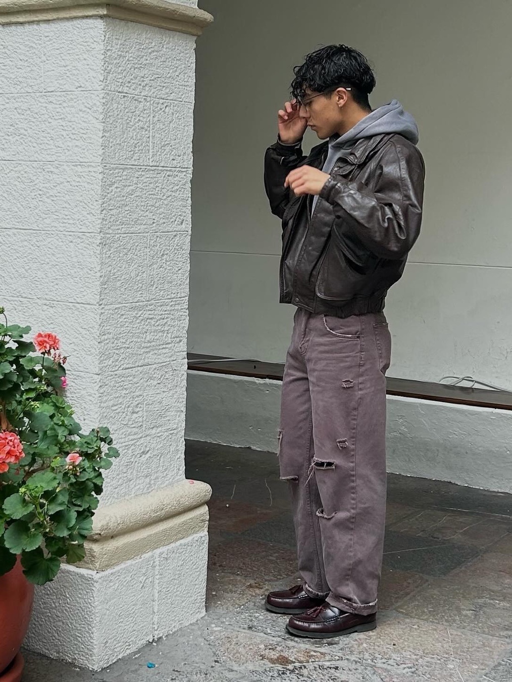 Civision by CSC Artificial Leather Bomber Jacket Black, Full of Ssun Hood Cargo Crop Leather Jacket Brown 착용 스타일 - 5