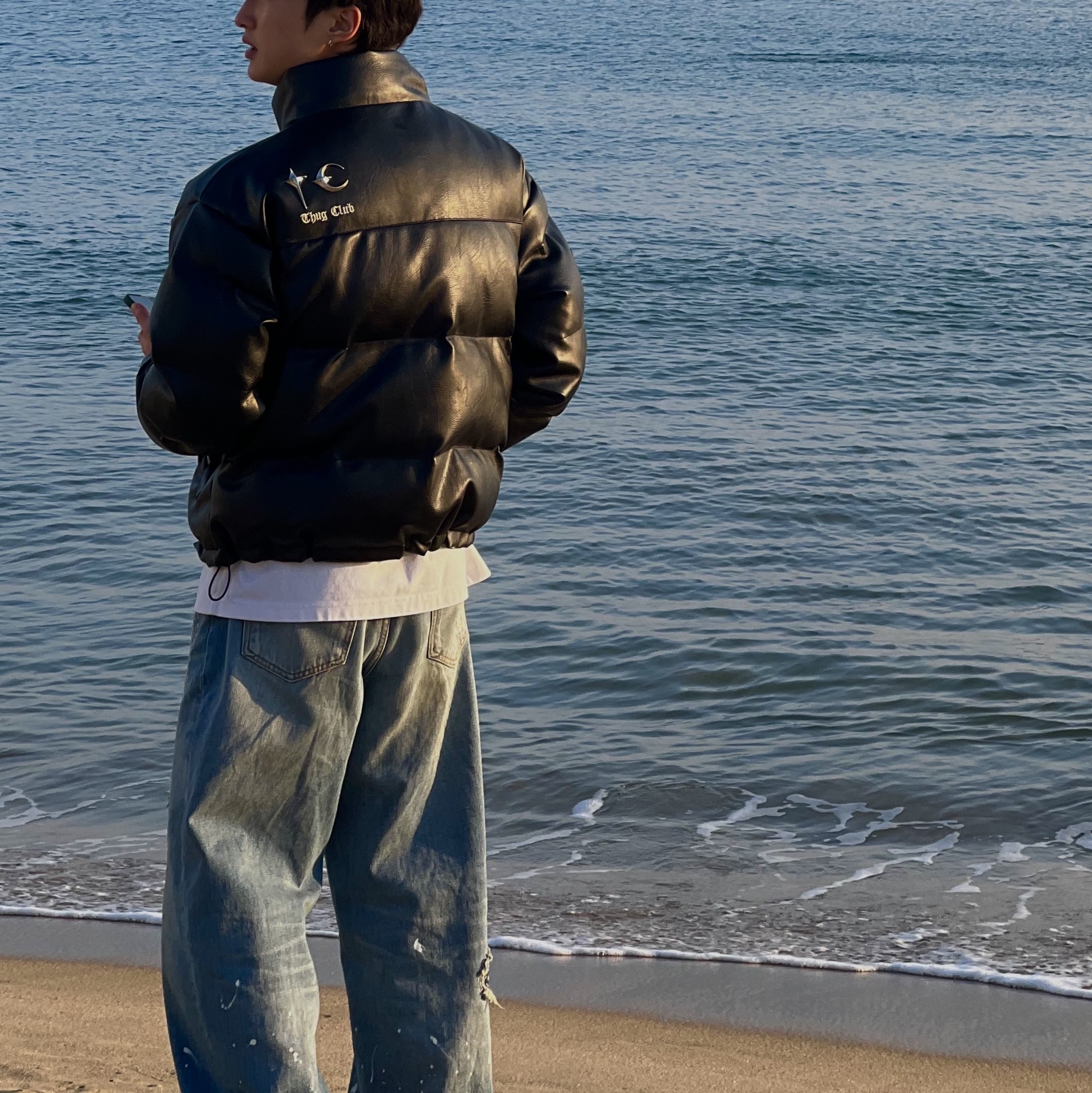 Thug Club Leather Puffer Jacket Black (Polyester), Zara x Ader Error Patchwork Jeans Blue 착용 스타일 - 2