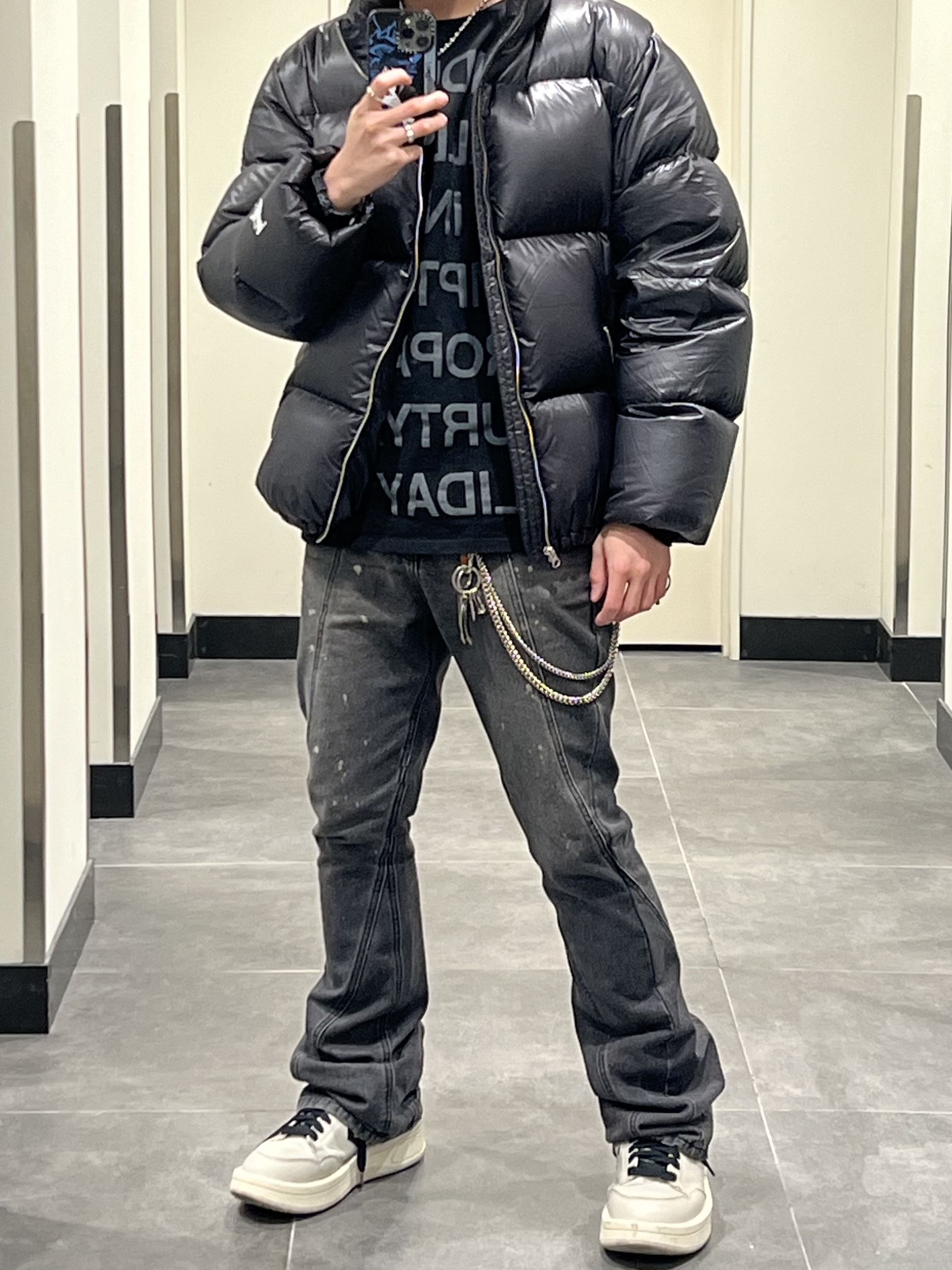 Stussy Down Puffer Parachute Ripstop Charcoal, Converse x Drkshdw Turbowpn Pelican 착용 스타일