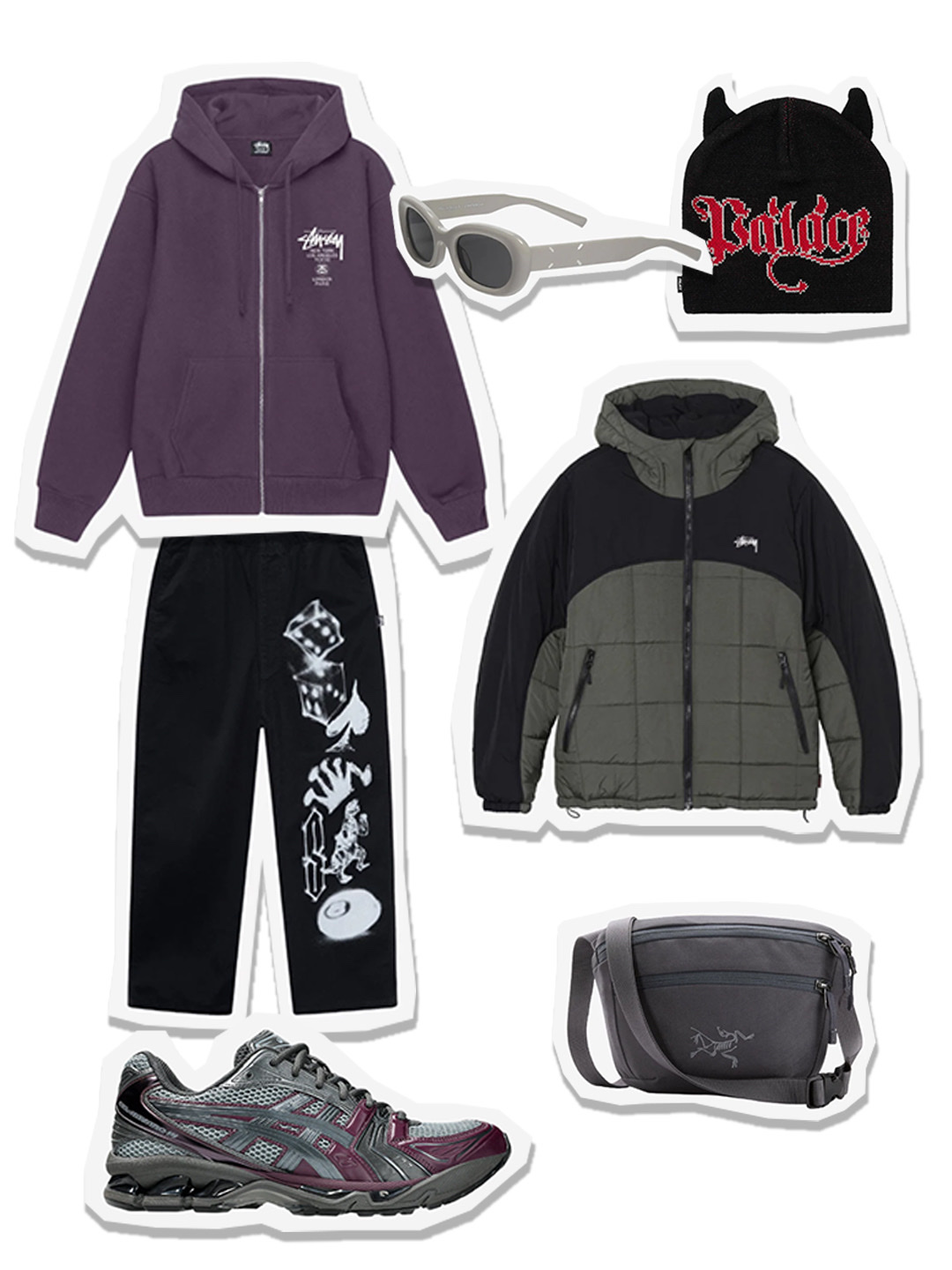 Stussy Primaloft Mountain Jacket Olive, Stussy World Tour Zip Hoodie Grape 2023 착용 스타일 - 1