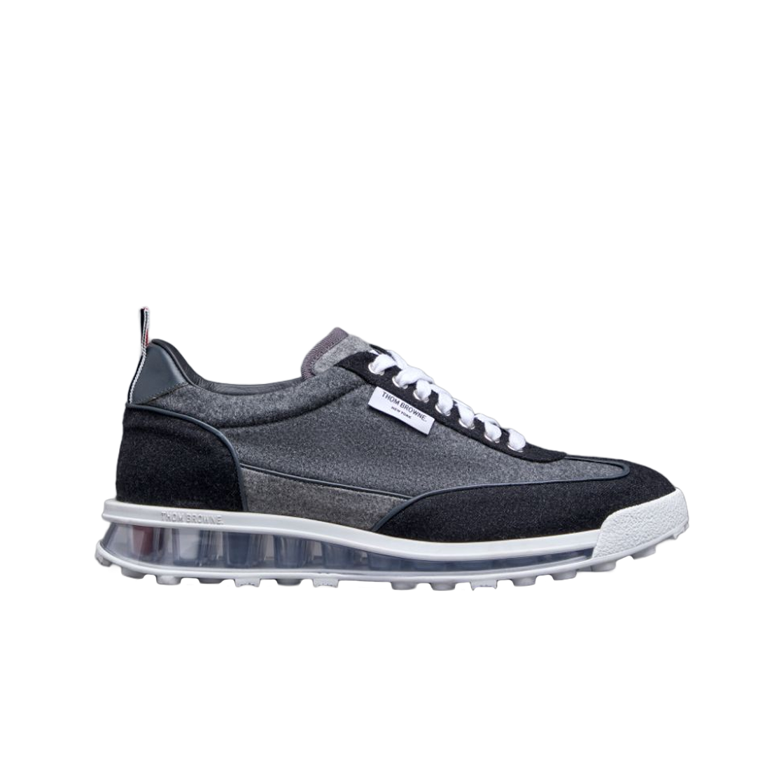 톰브라운 울 플란넬 클리어 솔 테크 러너 미디움 그레이(Thom Browne Wool Flannel Clear Sole Tech Runner Medium Grey)