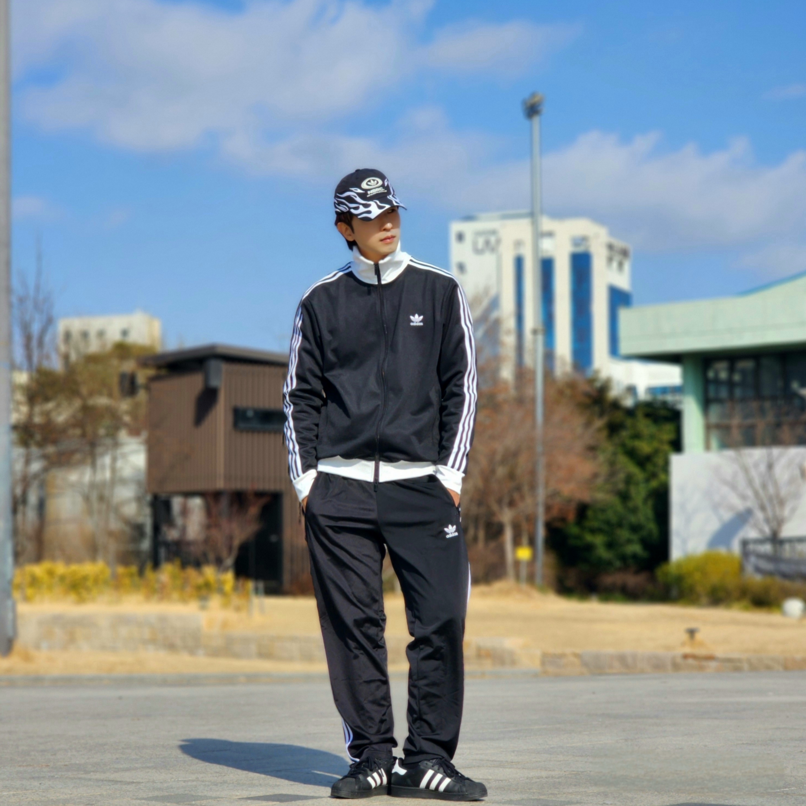 Adidas Superstar Core Black White, Adidas x NSRC Cap Black 착용 스타일 - 7
