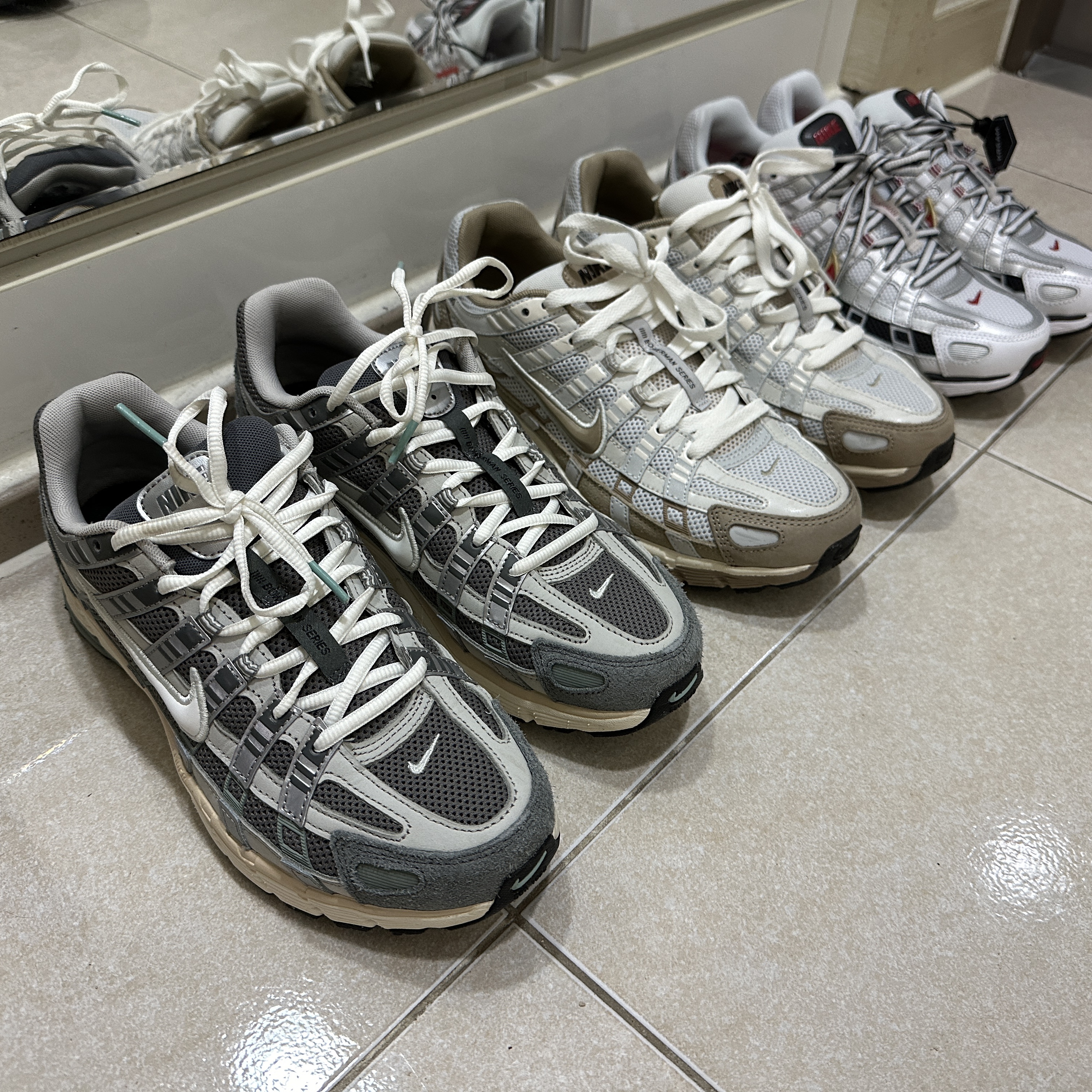 (W) Nike P-6000 Metallic Silver Red, Nike P-6000 Flat Pewter Light Iron Ore 착용 스타일 - 2