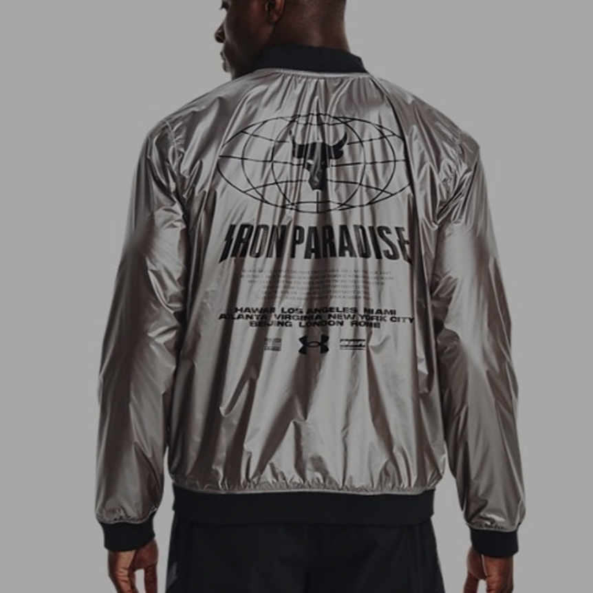 Under Armour Project Rock Disrupt Bomber Jacket Metallic Tin Black 착용 스타일 - 1