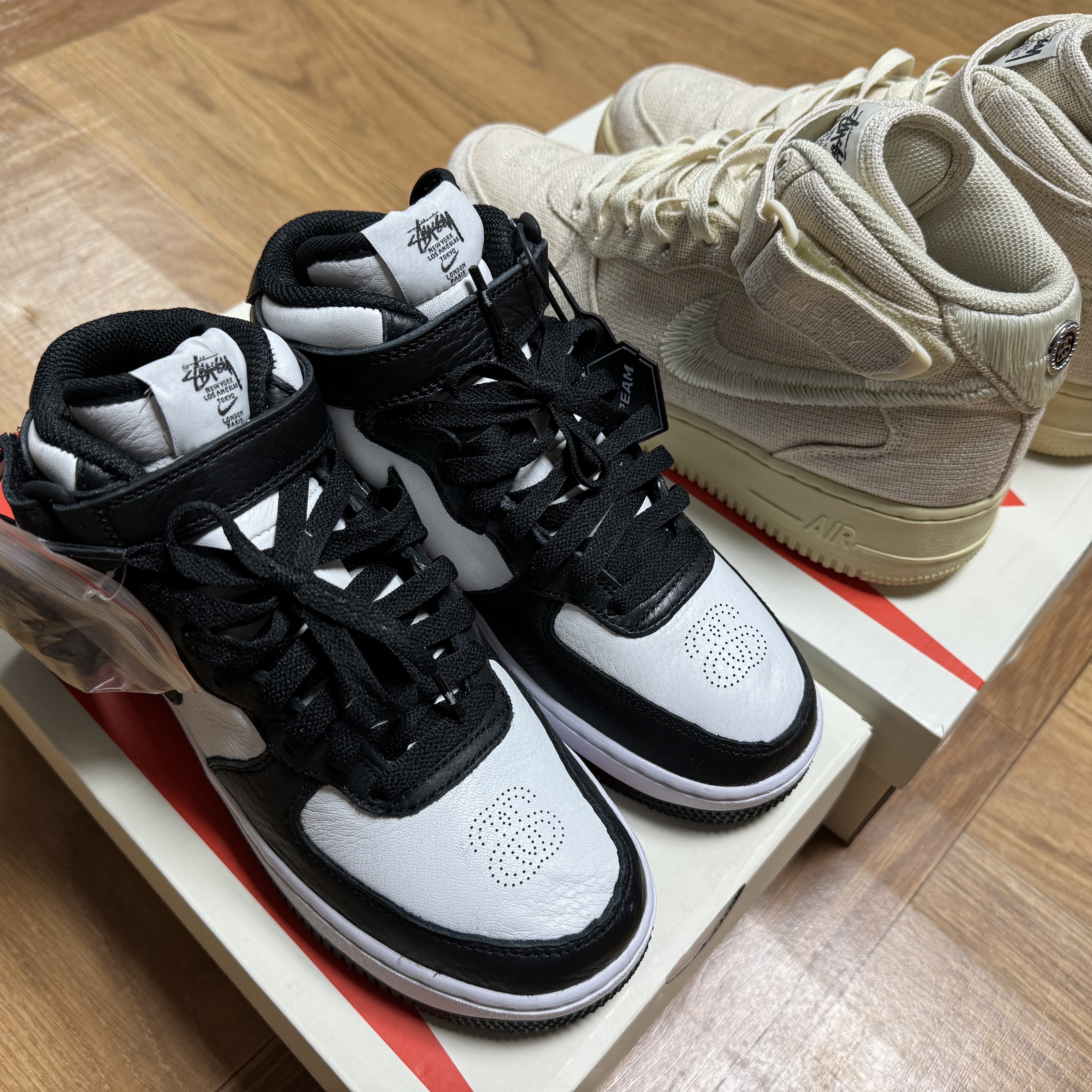 Nike x Stussy Air Force 1 '07 Mid SP Black and Light Bone, Nike x Stussy Air Force 1 '07 Mid SP Fossil 착용 스타일