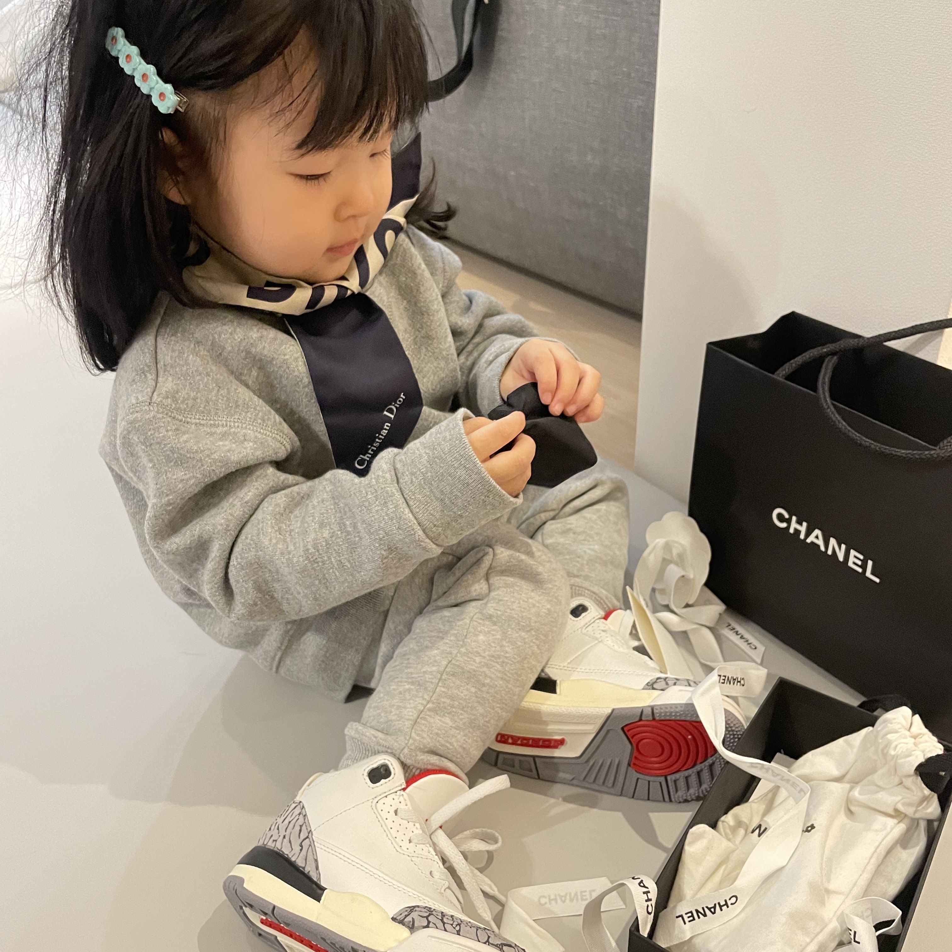 (W) Dior Oblique Mitzah Scarf Silk Twill Navy Blue, (TD) Jordan 3 Retro White Cement Reimagined 착용 스타일