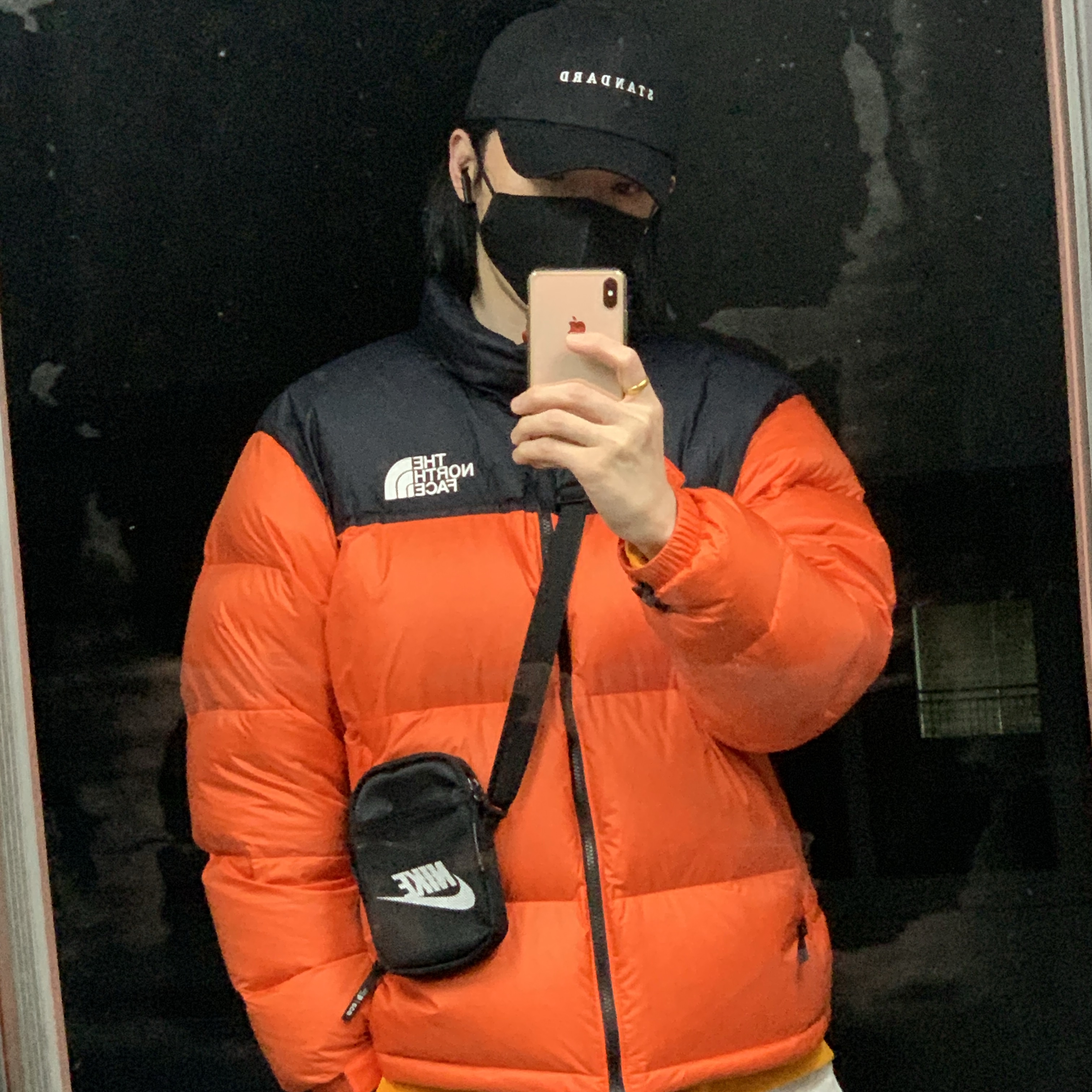 The North Face 1996 Eco Nuptse Jacket Orange, Nike NRG Solo Swoosh Fleece Pants Black - US/EU 착용 스타일 - 3