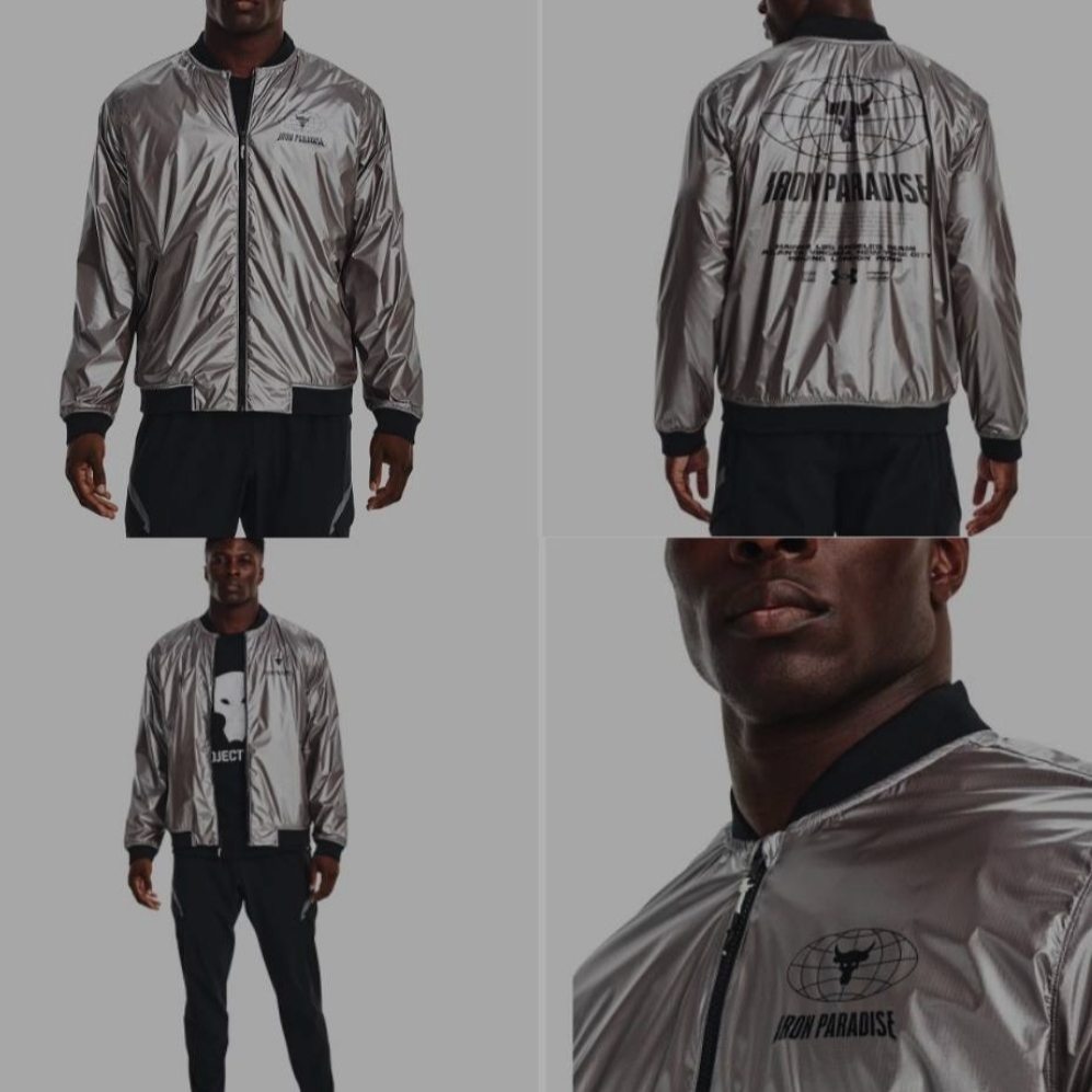Under Armour Project Rock Disrupt Bomber Jacket Metallic Tin Black 착용 스타일 - 3