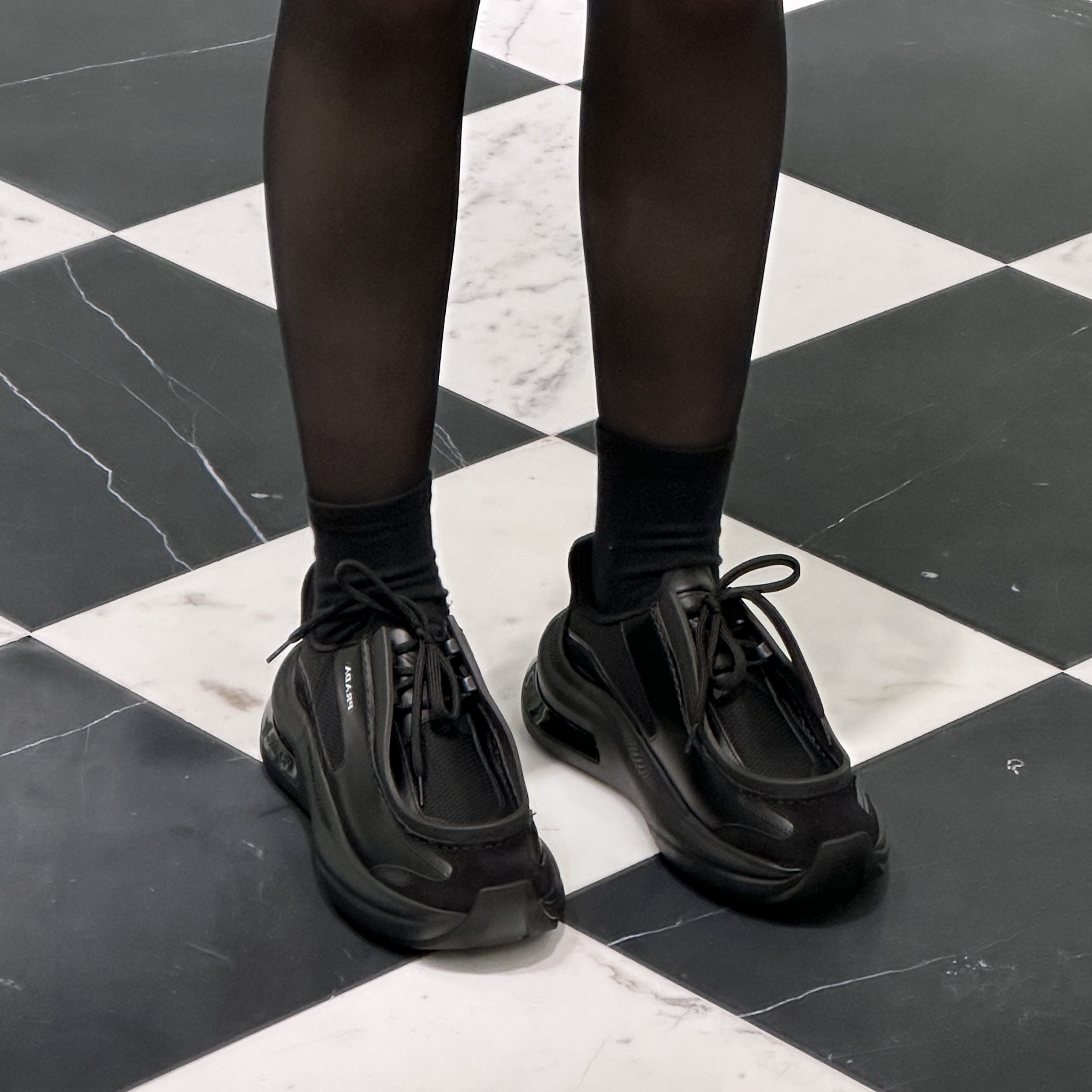 Prada Brushed Leather Sneakers with Bike Fabric and Suede Elements Black 착용 스타일 - 1