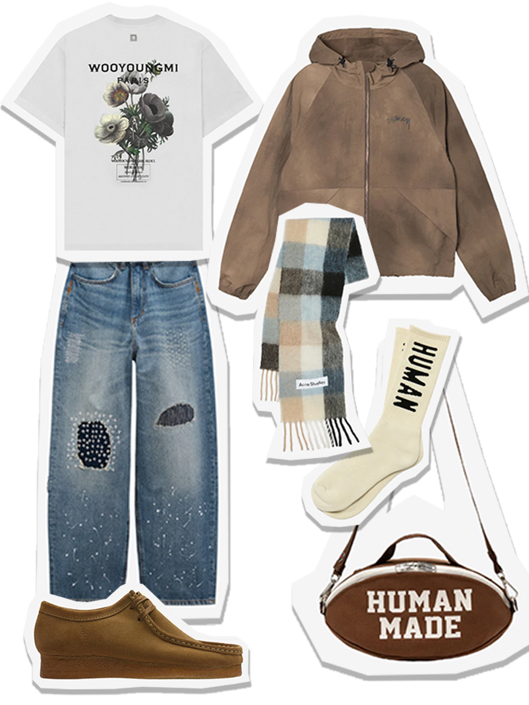Stussy Wave Dye Beach Shell Jacket Brown, Wooyoungmi Flower Print Back Logo T-Shirt White - 23FW 착용 스타일 - 1