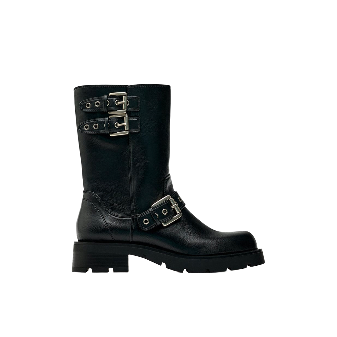 1128/210,211/800 (W) Zara Buckled Biker Flat Ankle Boots Black