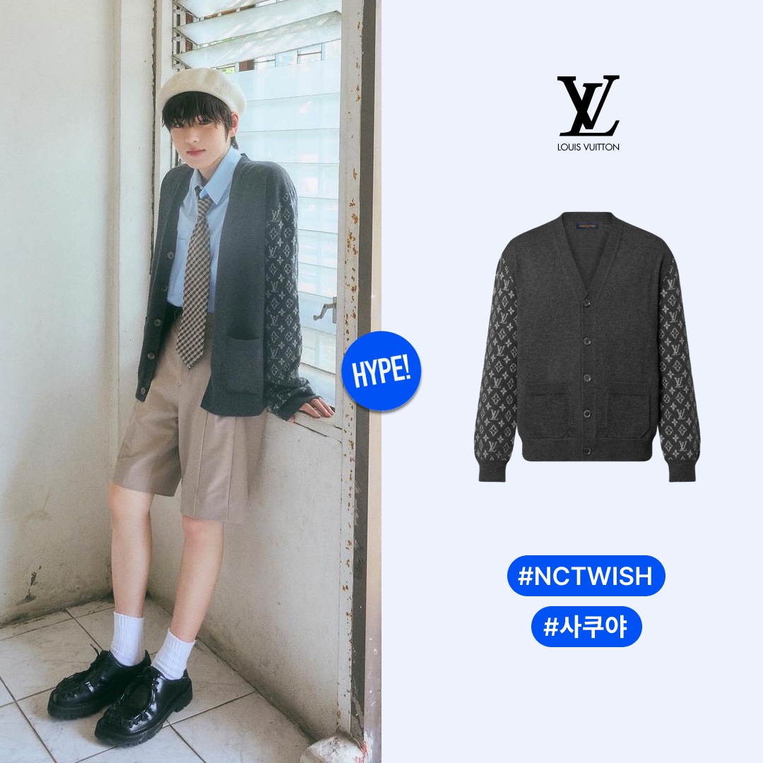 The Museum Visitor Sky Love Jacquard Collar Knit Zip Up Black, Louis Vuitton Monogram Mix Cashmere Cardigan Anthracite Grey 착용 스타일 - 9
