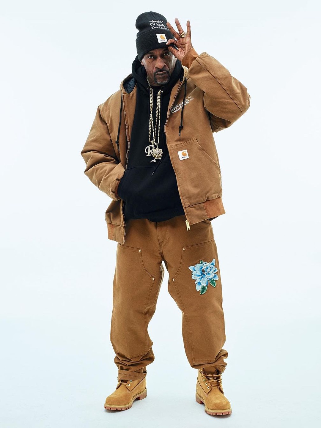 Carhartt WIP x IAB Studio OG Chore Coat Yellow, Carhartt WIP x IAB Studio Pocket Sweatshirt Grey Heather 착용 스타일 - 5