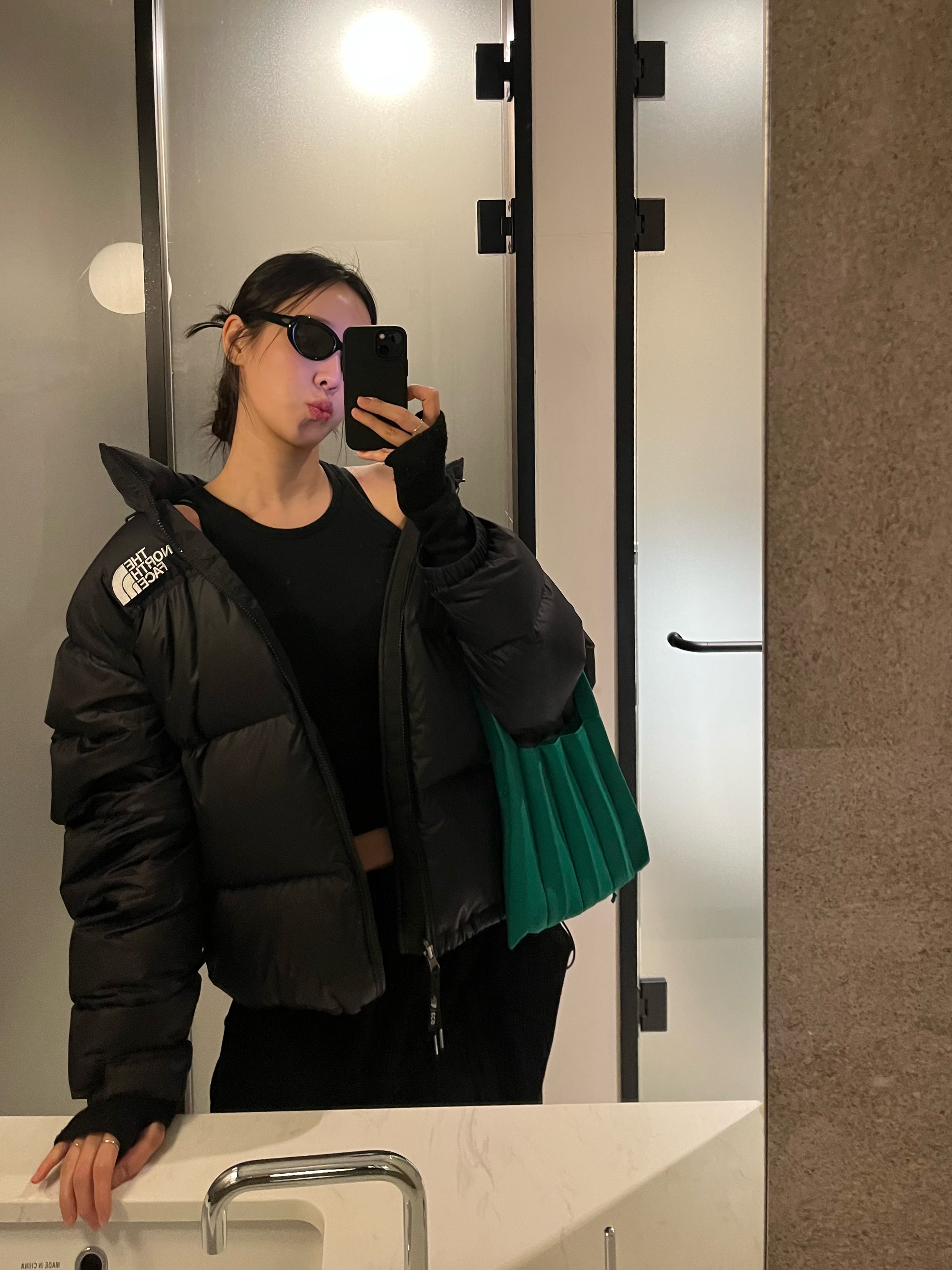 The North Face 1996 Eco Nuptse Jacket Black, Gentle Monster Le 01 Black 착용 스타일 - 5