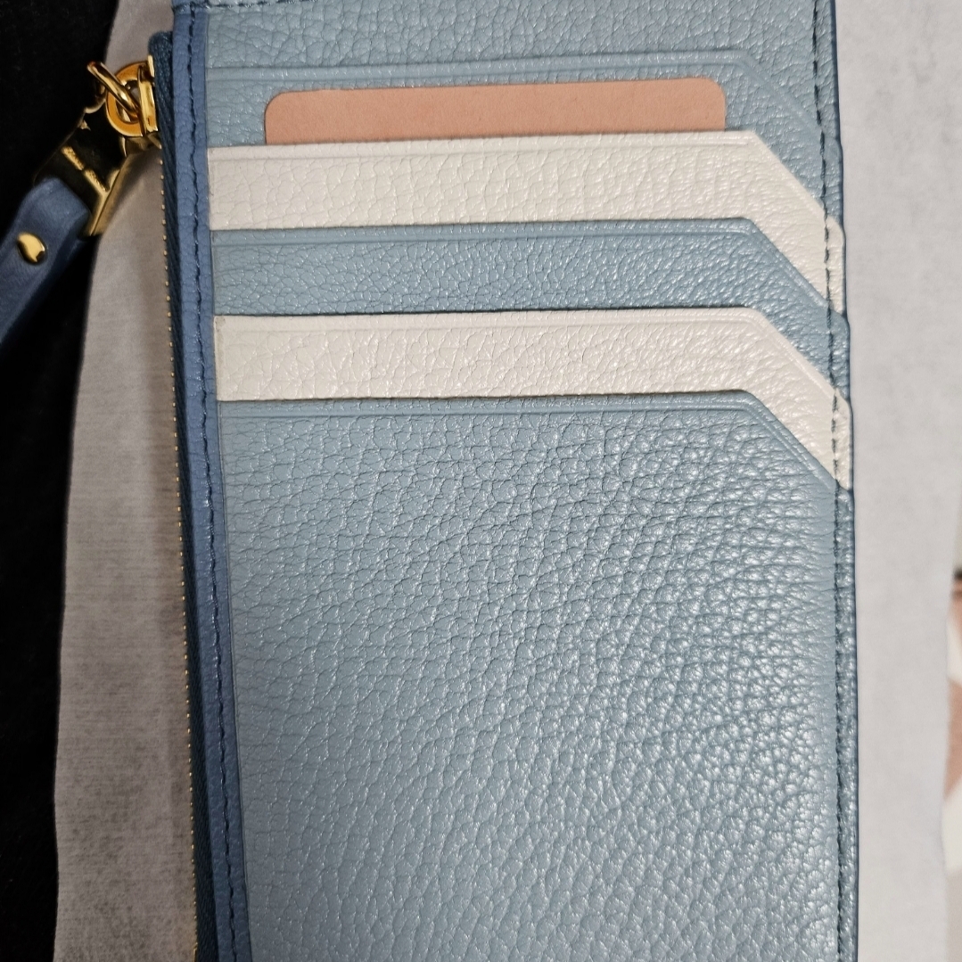 Miu Miu Madras Leather Envelope Wallet Astral Blue 착용 스타일 - 3