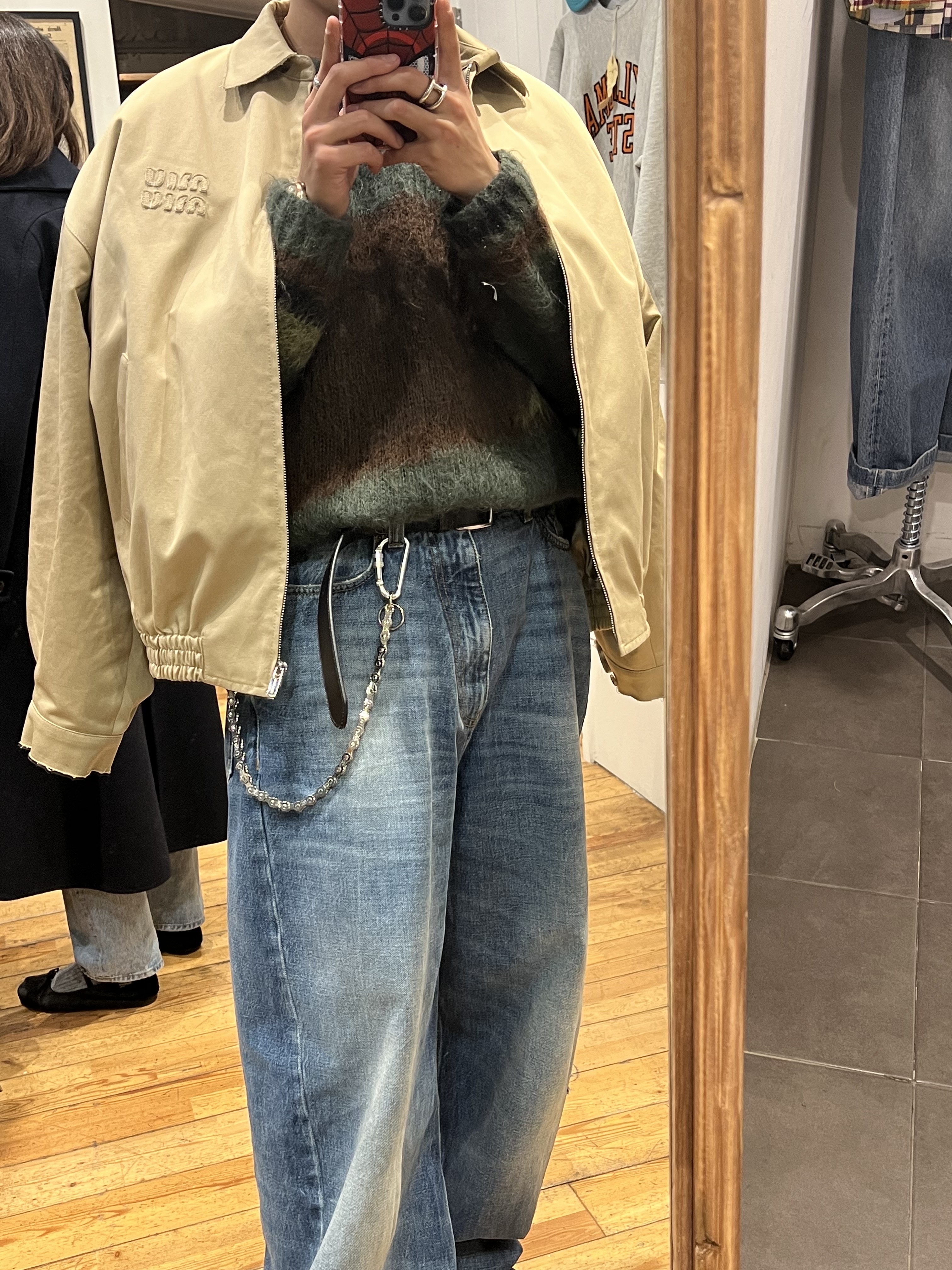 Supreme x Comme des Garcons Junya Watanabe Man Brushed Camo Sweater Olive - 21FW, (W) Miu Miu Velour Blouson Jacket Sand Beige 착용 스타일 - 2