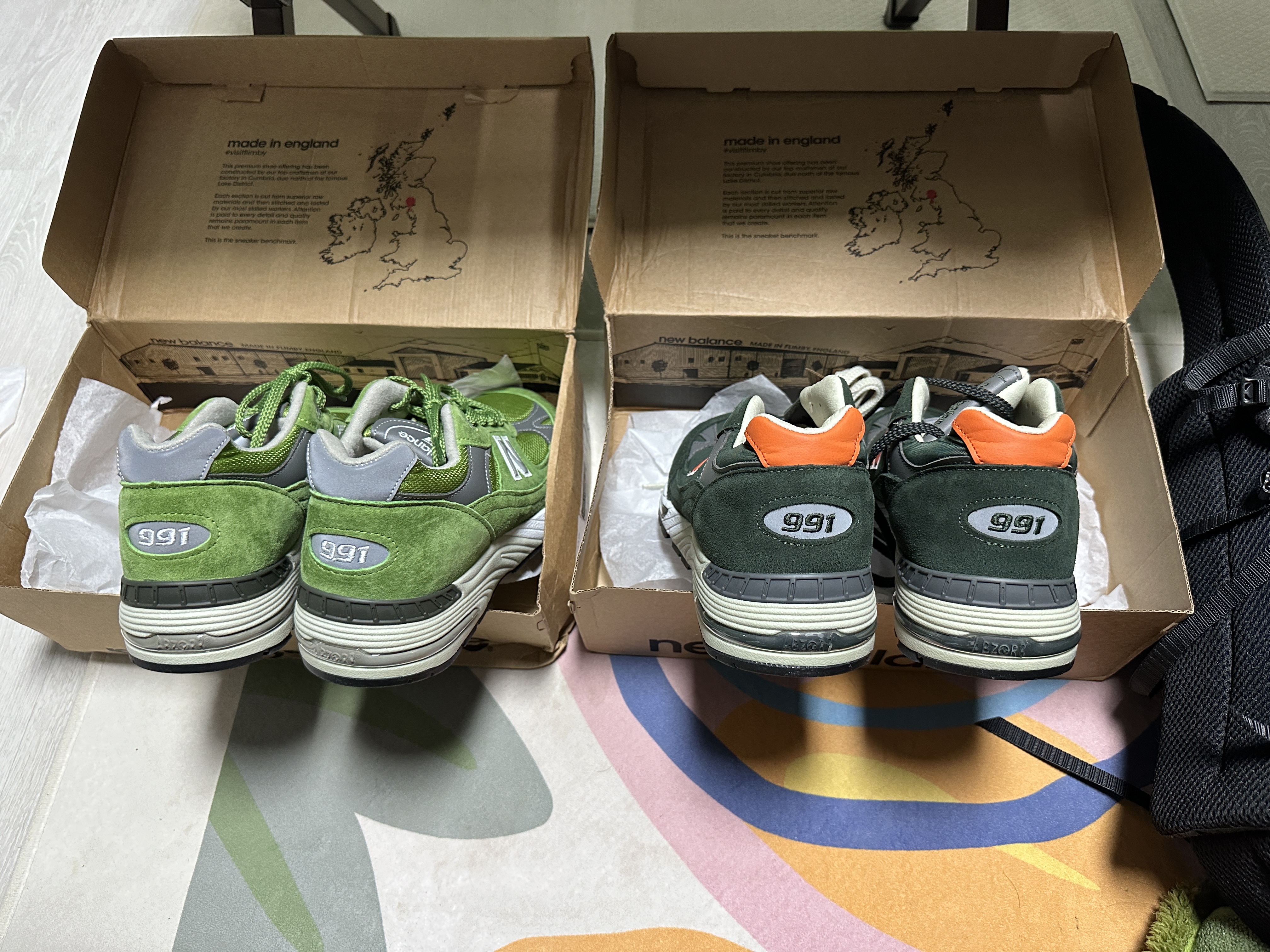 New Balance 991 Made in UK Bright Green, New Balance 991 Made in UK Forest Green Orange 착용 스타일