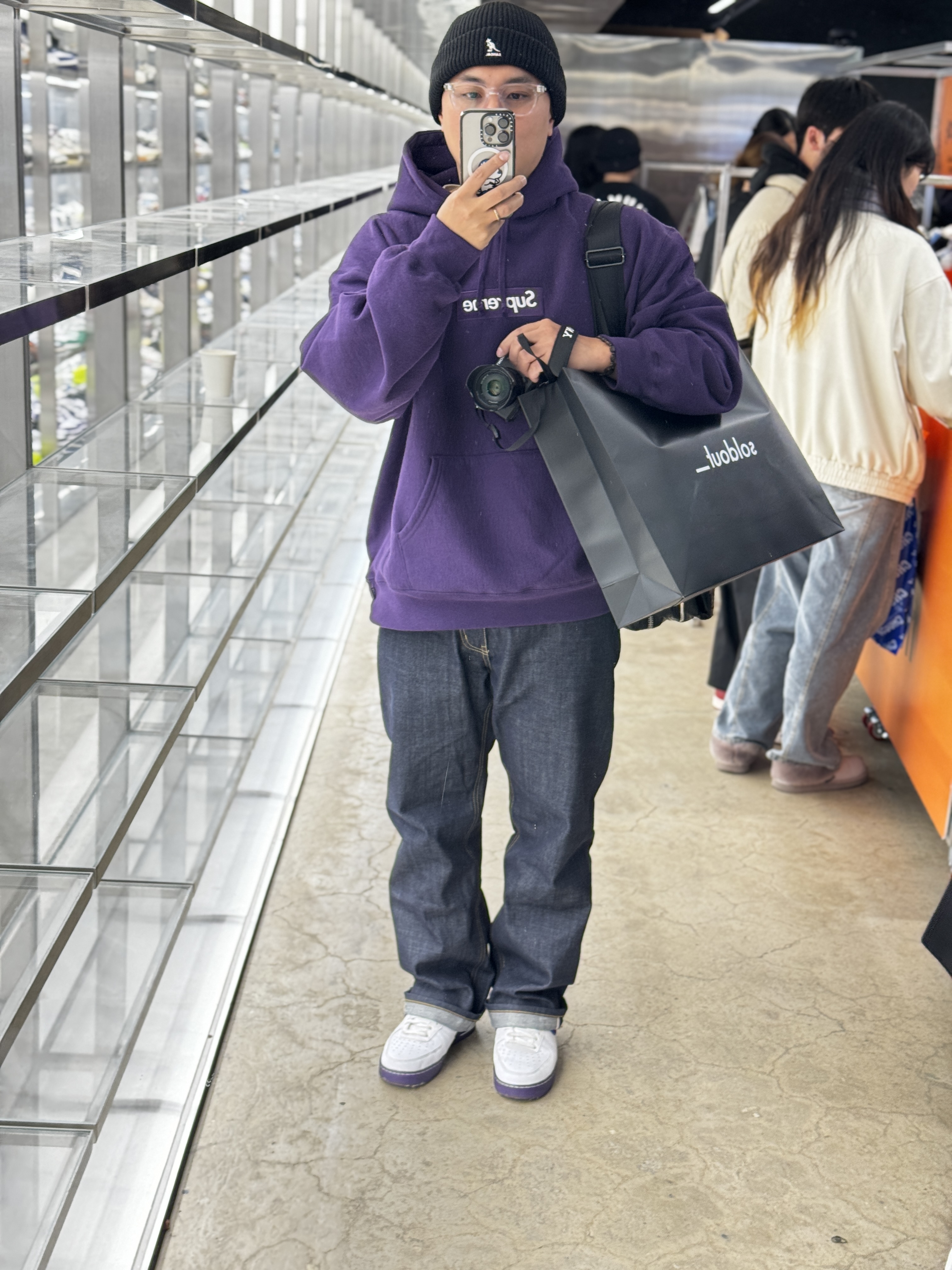 Nike Air Force 1 '07 LV8 EMB White and Court Purple, Supreme Box Logo Hooded Sweatshirt Dark Purple - 23FW 착용 스타일