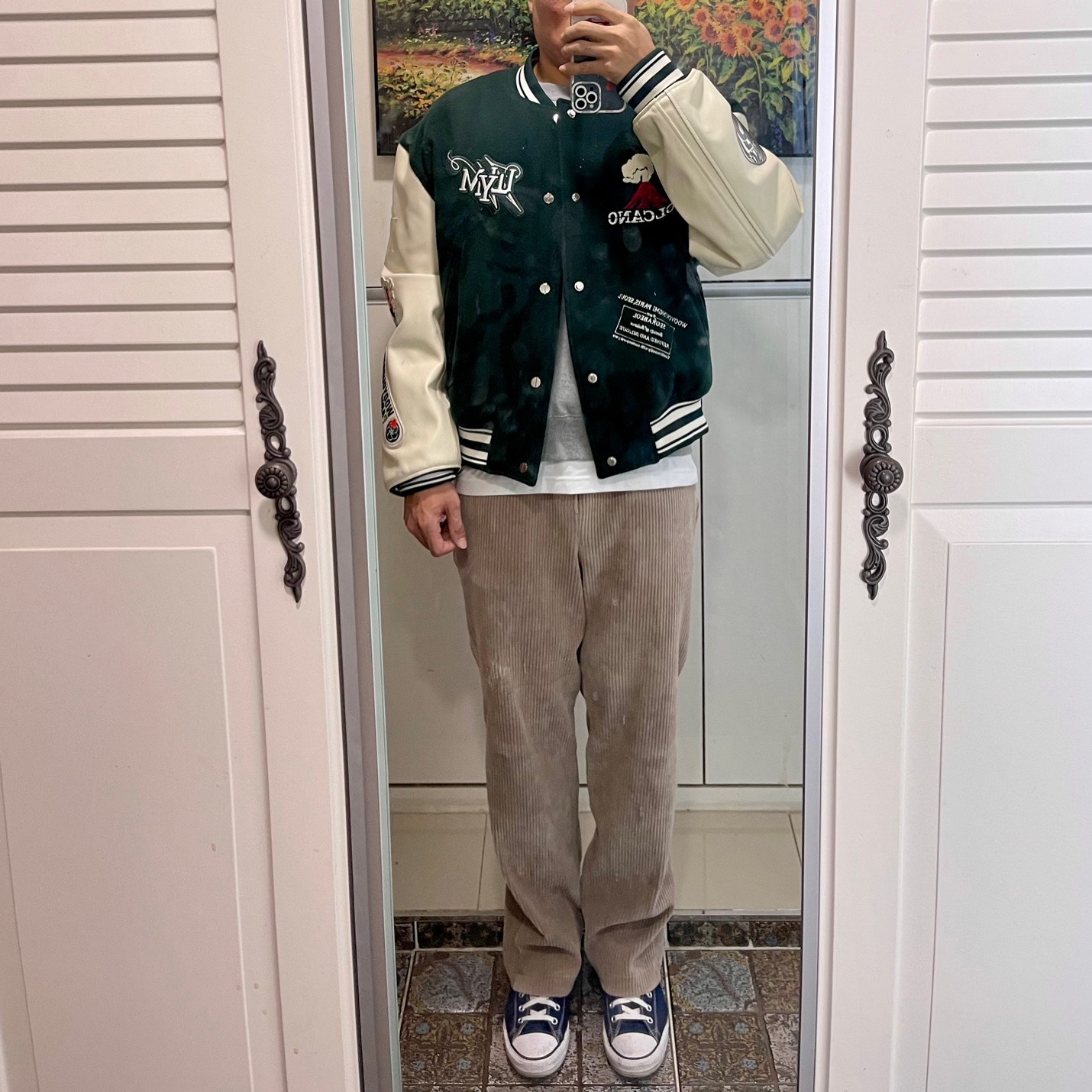 Wooyoungmi Volcano Varsity Jacket Green - 23FW 착용 스타일