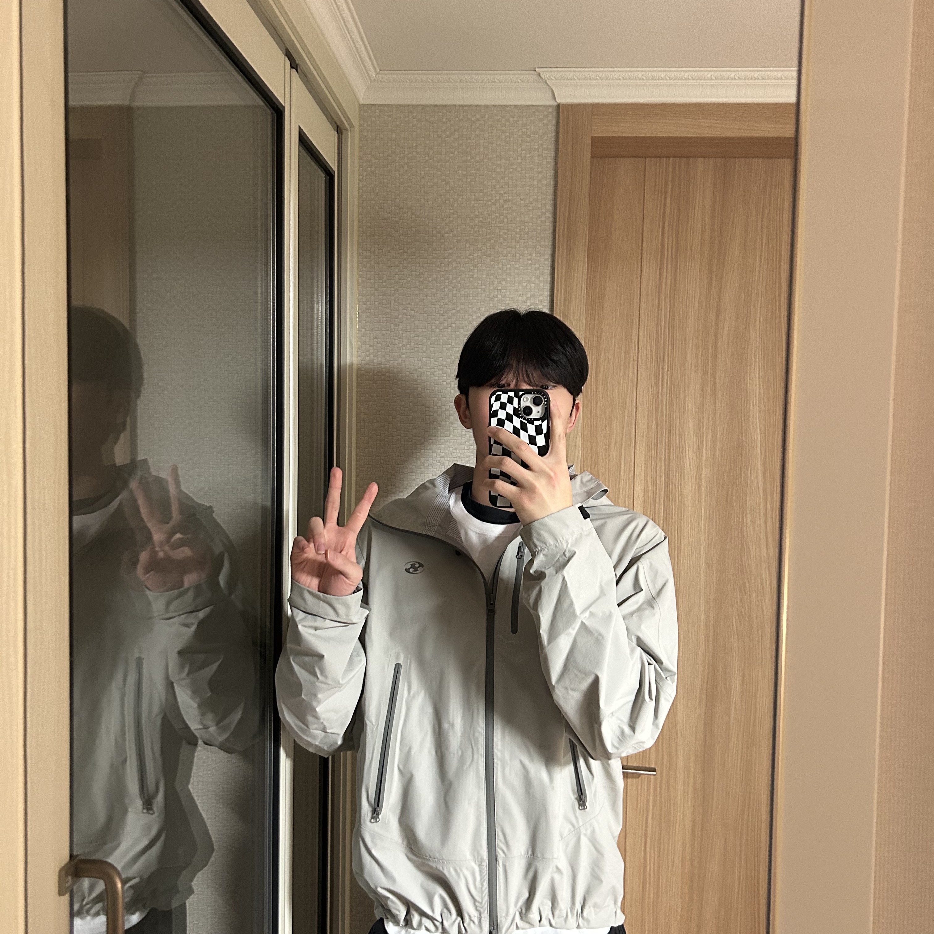 Sansan Gear Windblock Jacket Grey - 23SS, Sansan Gear Side Snap Pants V2 Black - 23FW 착용 스타일