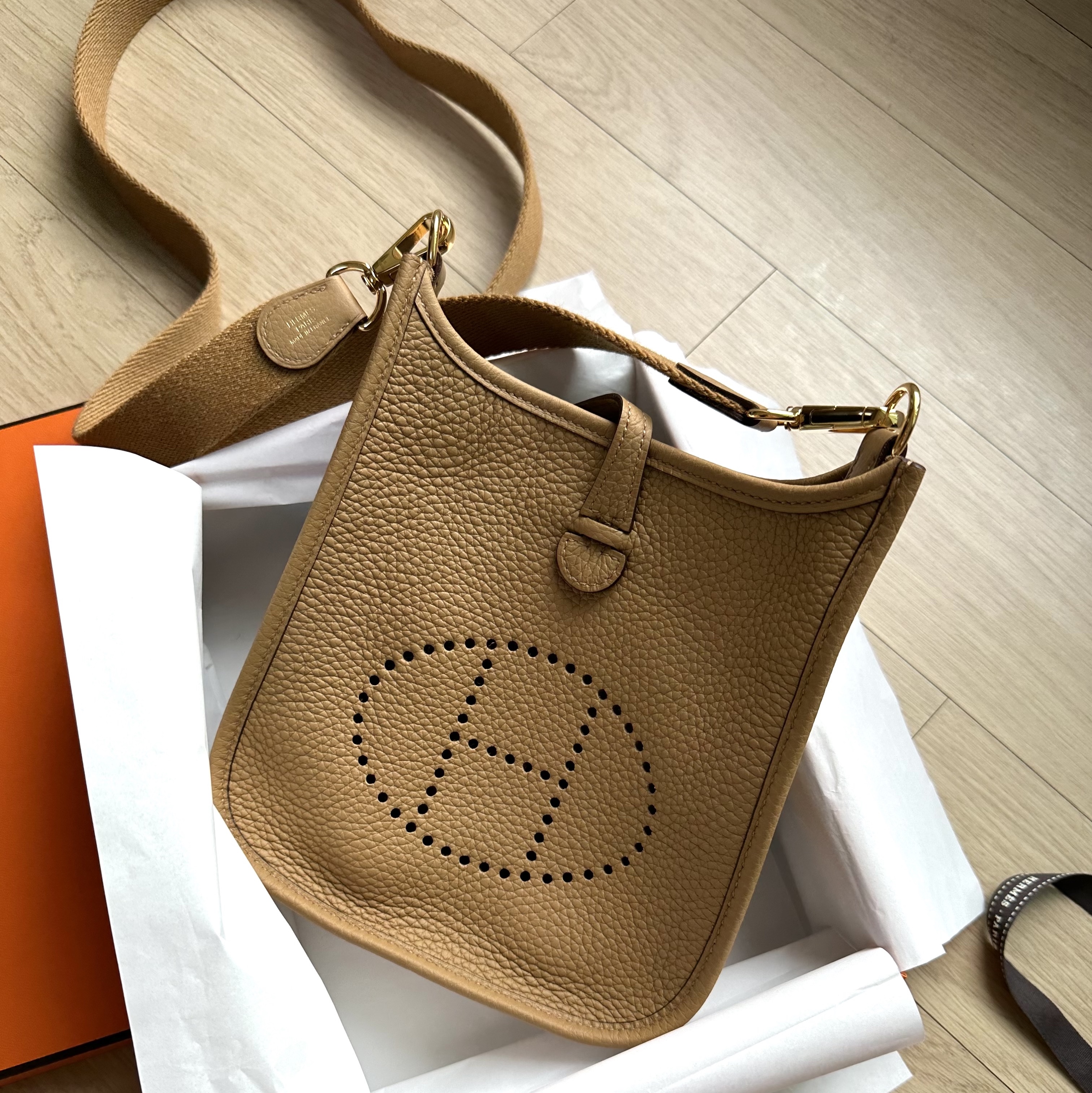 Hermes Evelyne 16 Amazone Bag Clemence & Gold Biscuit 착용 스타일 - 1