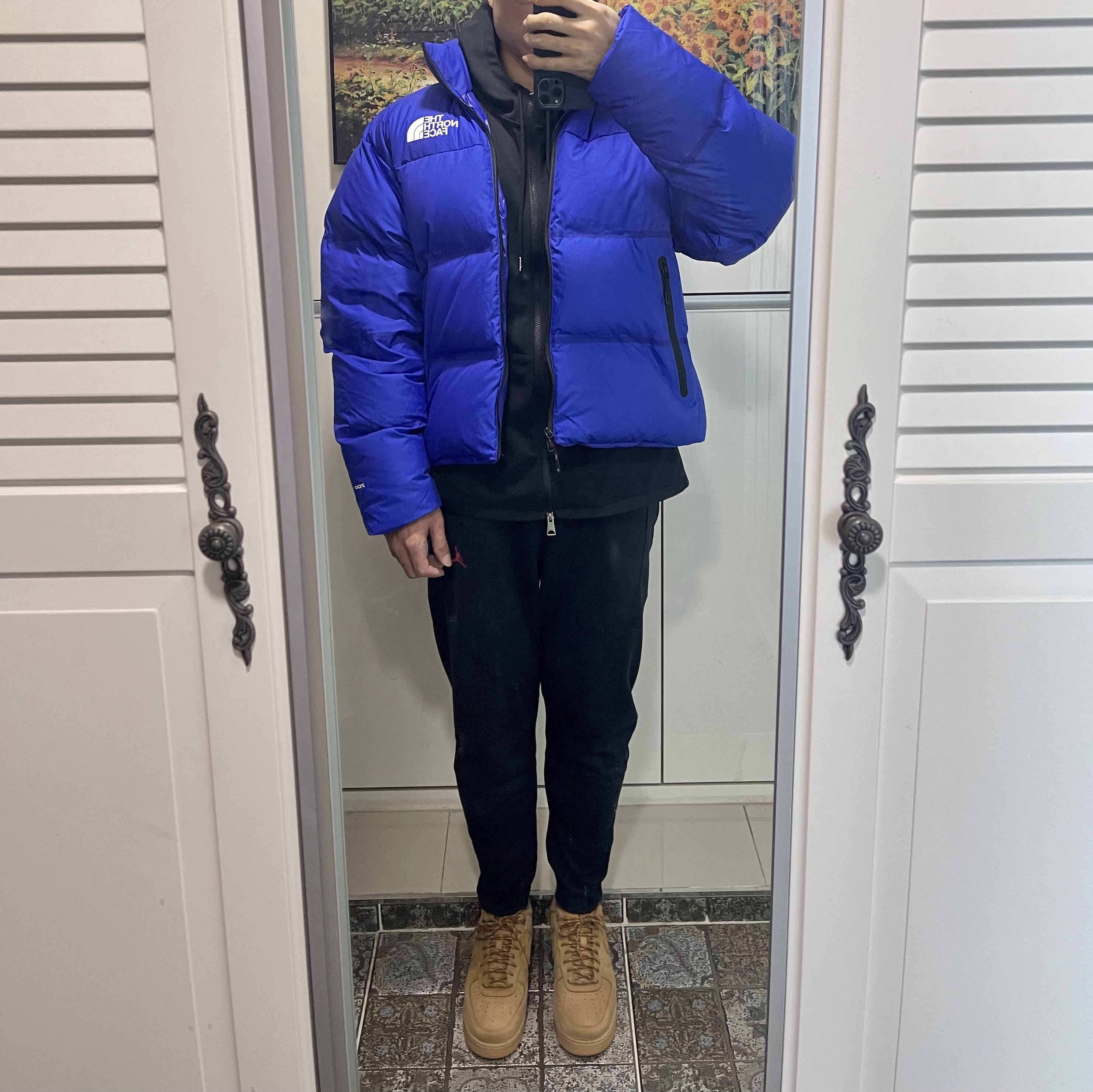 The North Face RMST Nuptse Jacket Lapis Blue 착용 스타일