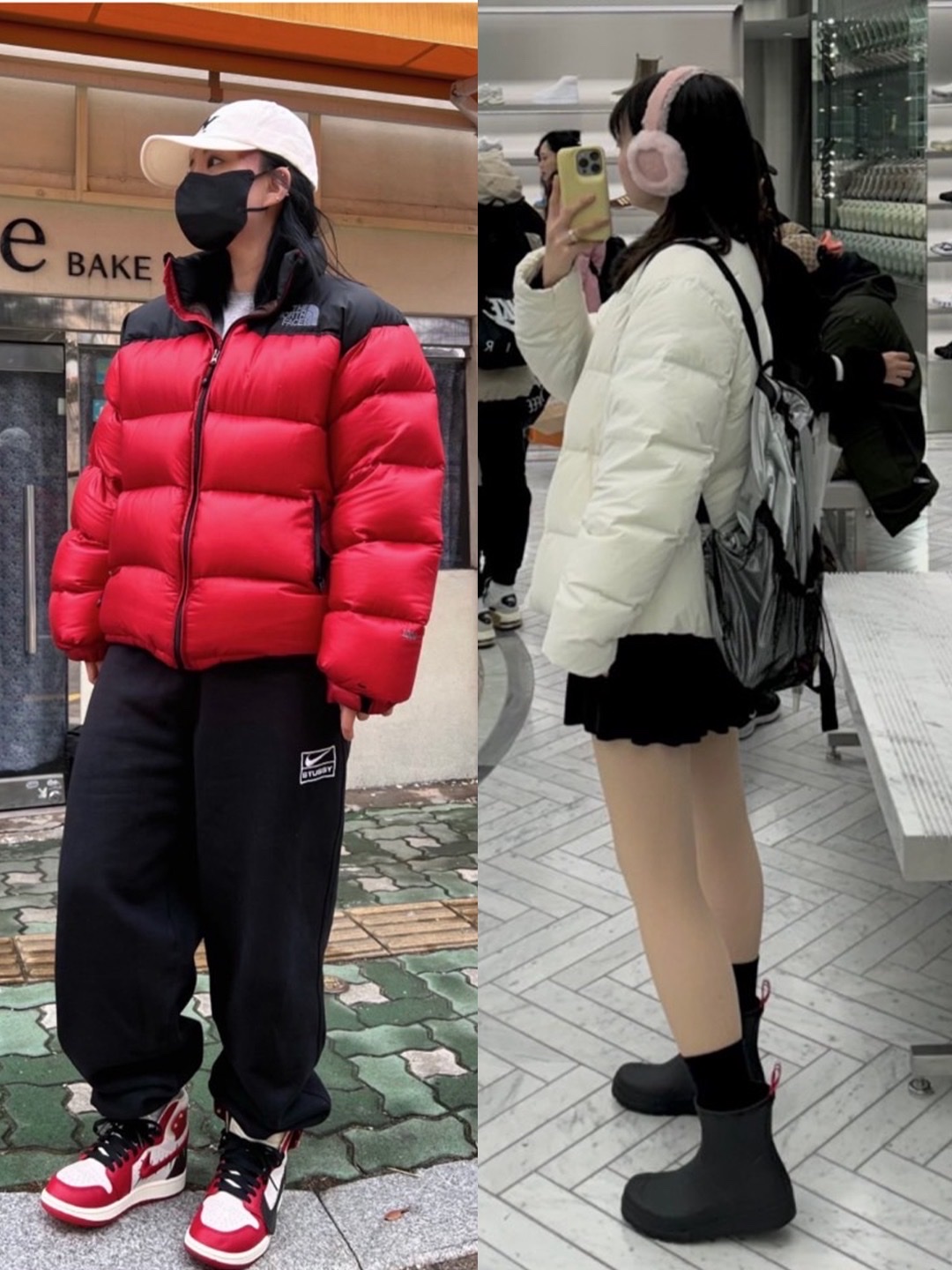 HRTM H114 Hexagon Poket 3L Jacket Black, (W) The North Face Nuptse Short Jacket Rose Tan 착용 스타일 - 3