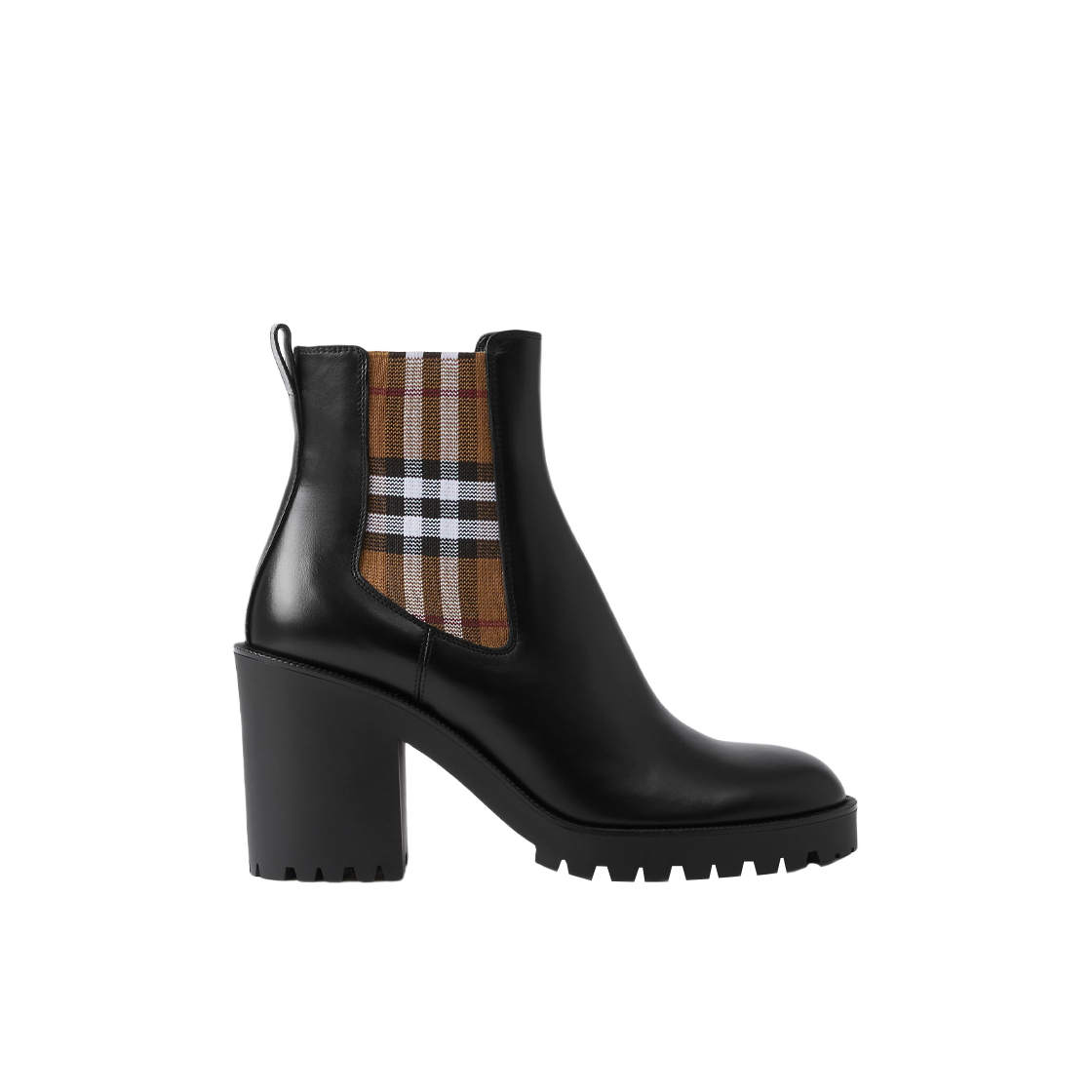 8066395 (W) Burberry Check Panel Leather Ankle Boots Black