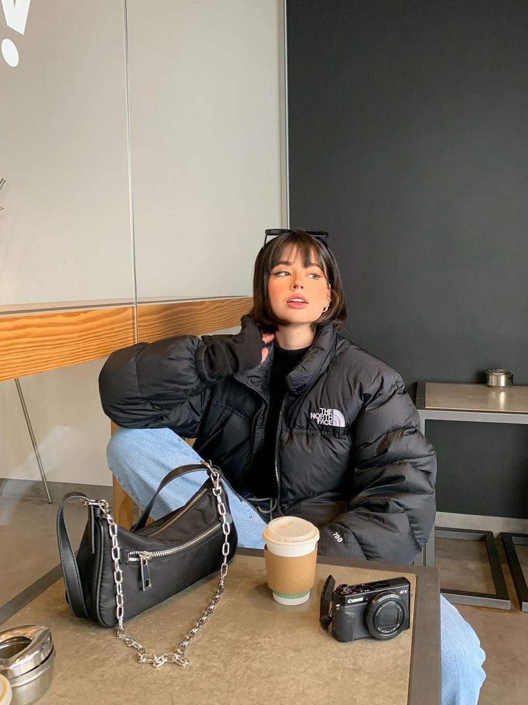 The North Face 1996 Eco Nuptse Jacket Black, (W) The North Face White Label Novelty Nuptse Down Jacket Black 착용 스타일 - 4
