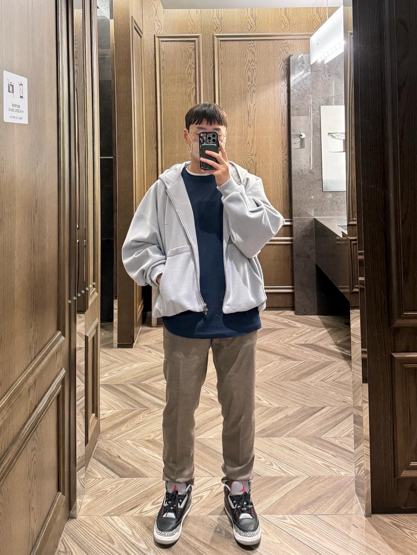 Wooyoungmi Overfit String Zip-up Hoodie Blue - 23FW, Jordan 3 Retro OG Black Cement 2018 착용 스타일 - 2