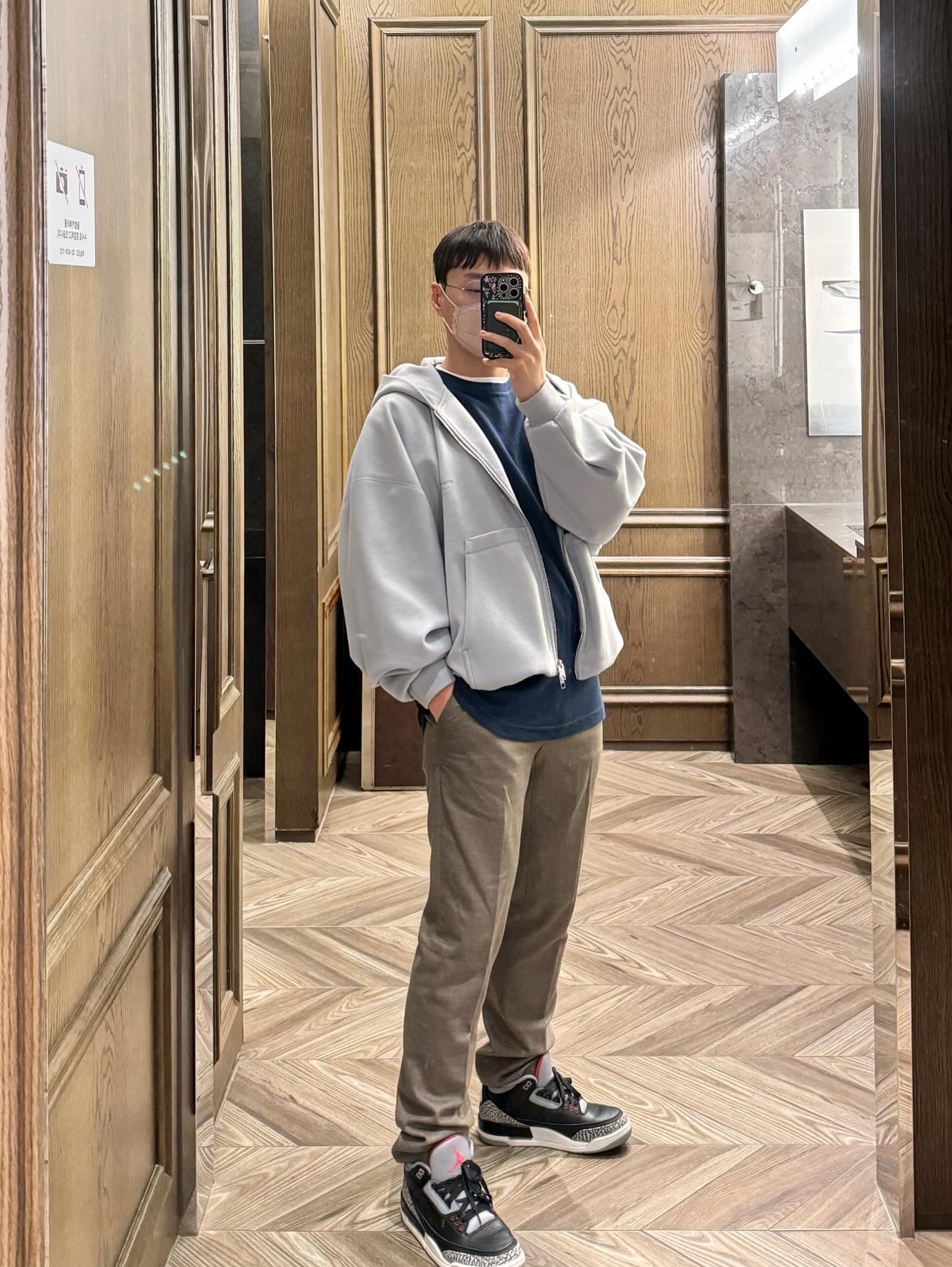 Wooyoungmi Overfit String Zip-up Hoodie Blue - 23FW, Jordan 3 Retro OG Black Cement 2018 착용 스타일 - 3