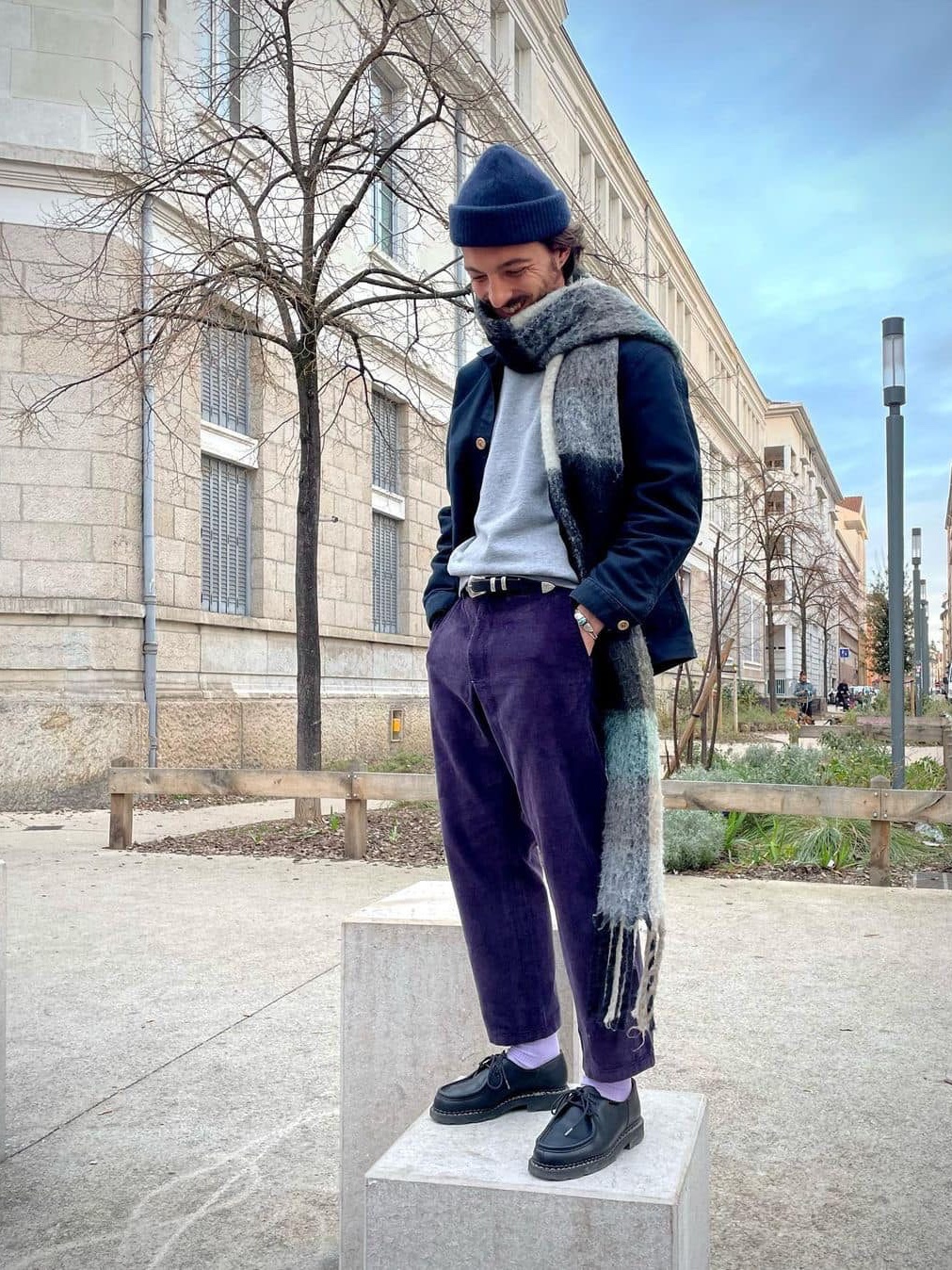 Acne Studios Mohair Check Muffler Grey Green Black, Acne Studios Mohair Check Muffler Blue Beige Black 착용 스타일 - 3