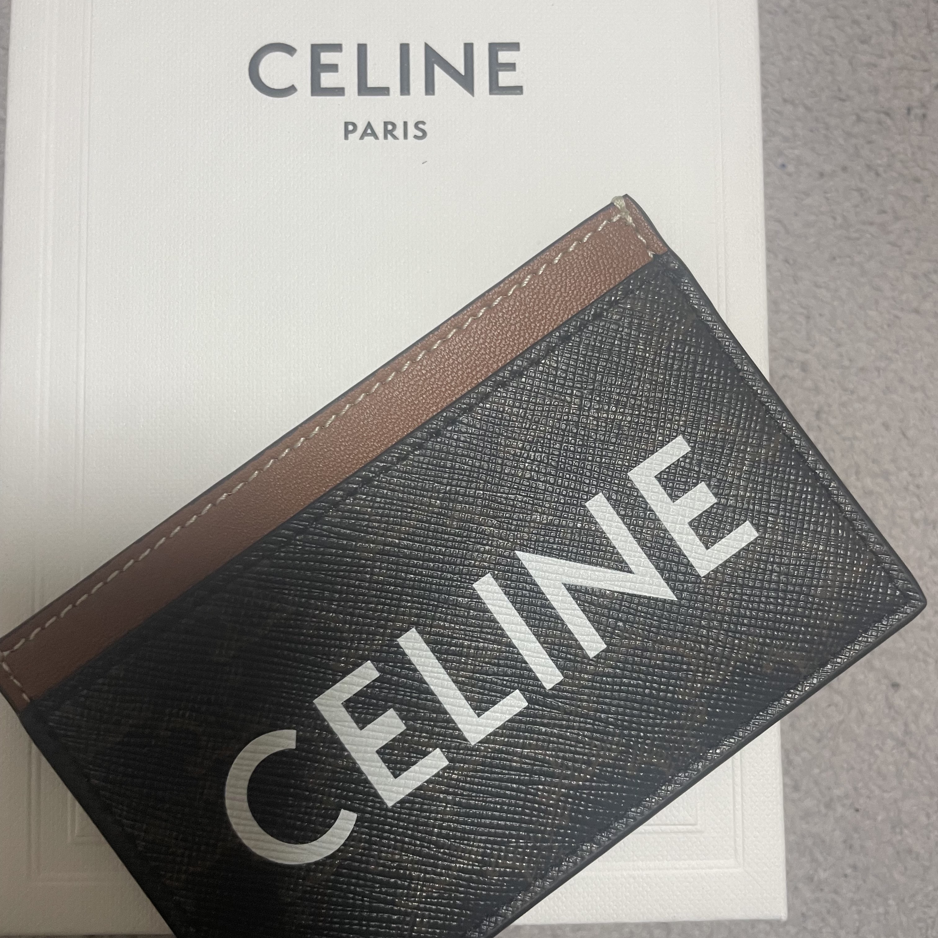Celine Card Holder in Triomphe Canvas with Celine Print Tan 착용 스타일 - 1