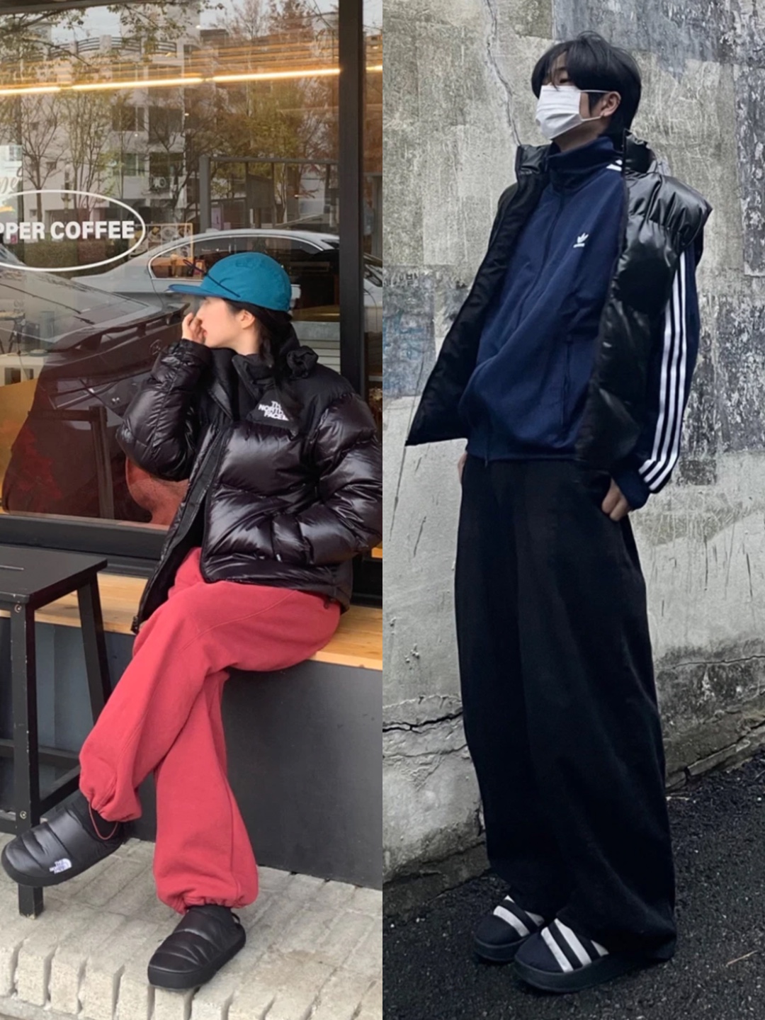 The North Face Nuptse Mule Black, Adidas Puffylette Core Black 착용 스타일 - 2
