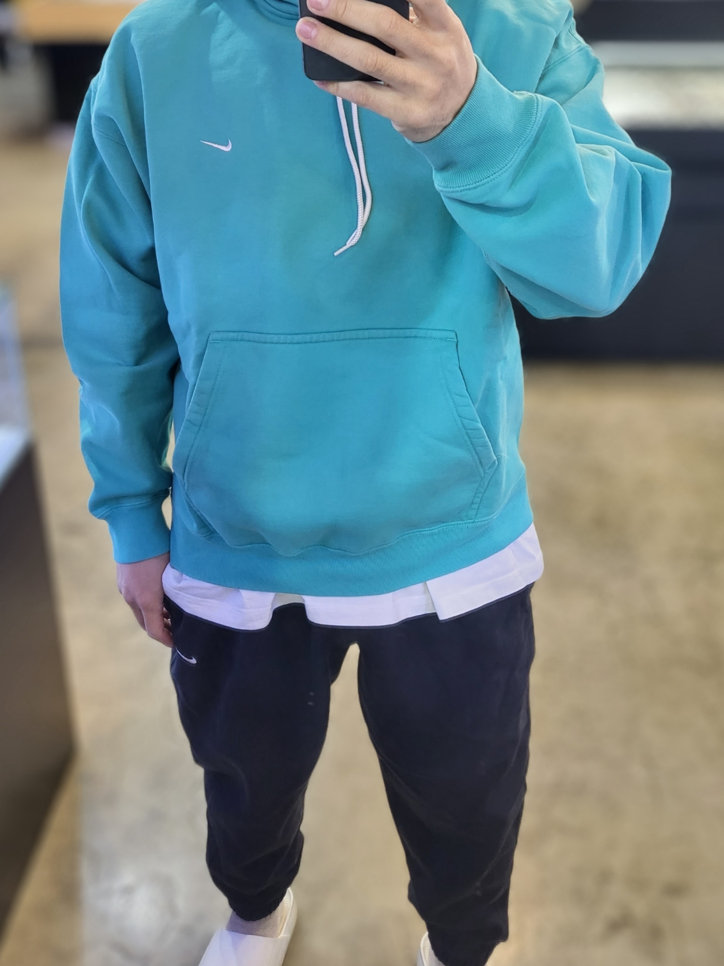 Nike NRG Solo Swoosh Fleece Hoodie Washed Teal - US/EU, Nike NRG Solo Swoosh Fleece Pants Black White - Asia 착용 스타일