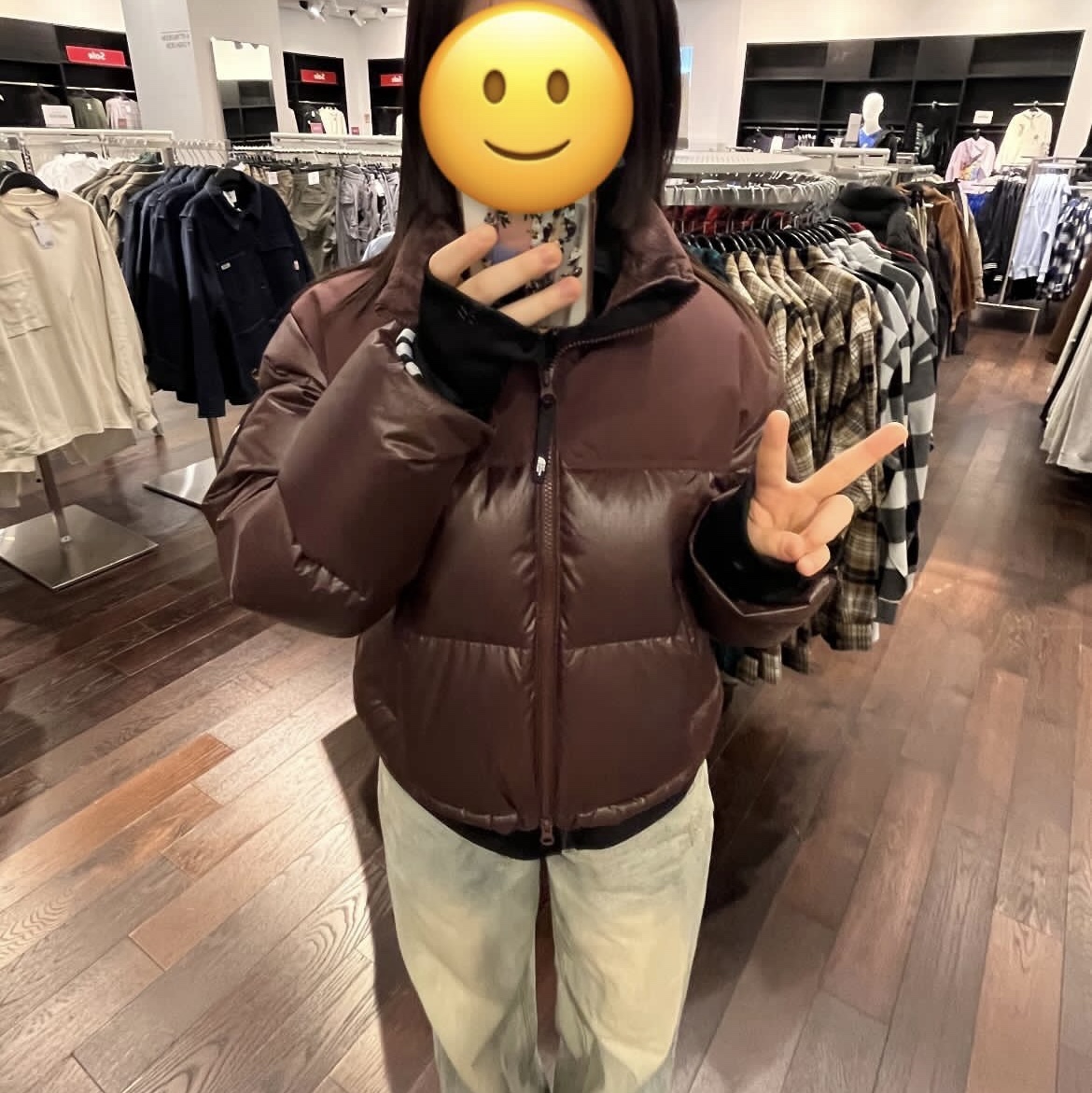 (W) The North Face White Label Novelty Nuptse Down Jacket Cocoa Brown 착용 스타일