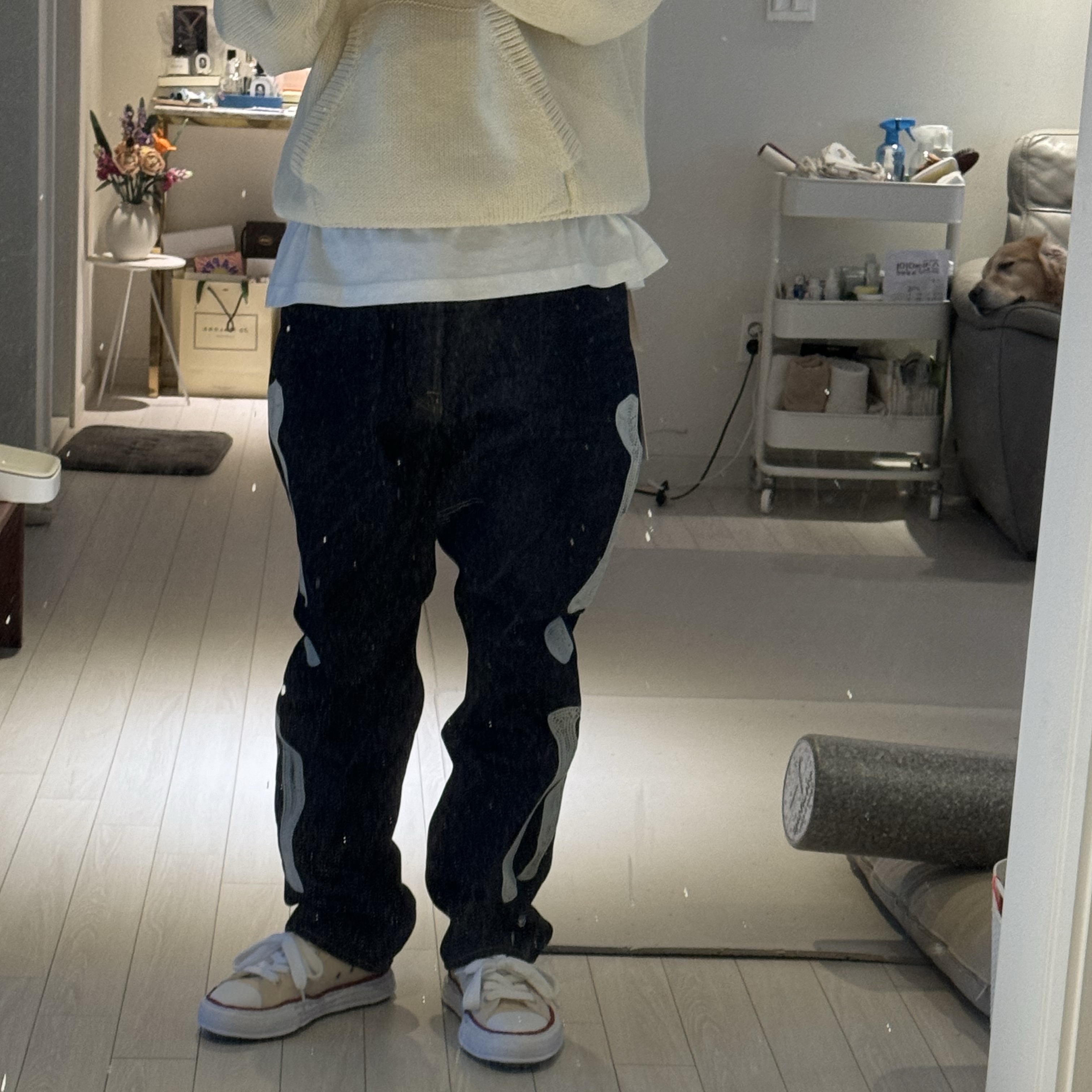 Kapital 12.5 oz. Denim Mexican Tuxedo 5P Okagilly Pants Indigo, Maison Mihara Yasuhiro Peterson OG Sole Canvas Low-top Sneakers Natural 착용 스타일 - 1