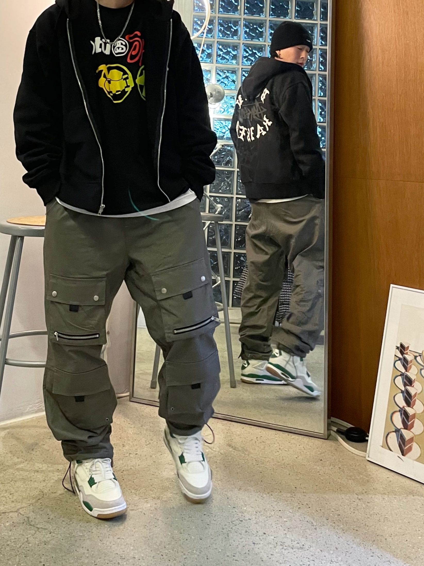 Stussy x Born X Raised Logo Zip Hoodie Black, Stussy x Cactus Plant Flea Market Sport LS T-Shirt Black 착용 스타일 - 2