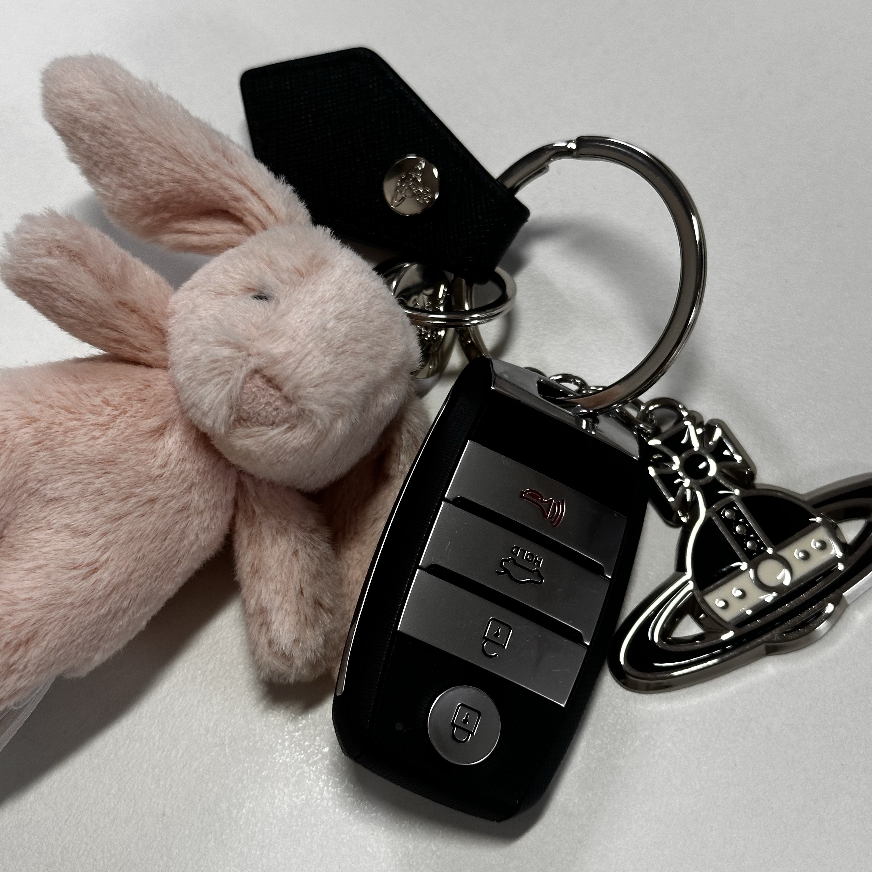 Jellycat Bashful Bunny Bag Charm Blush, Vivienne Westwood Saffiano Black and White Keyring Black 착용 스타일 - 1