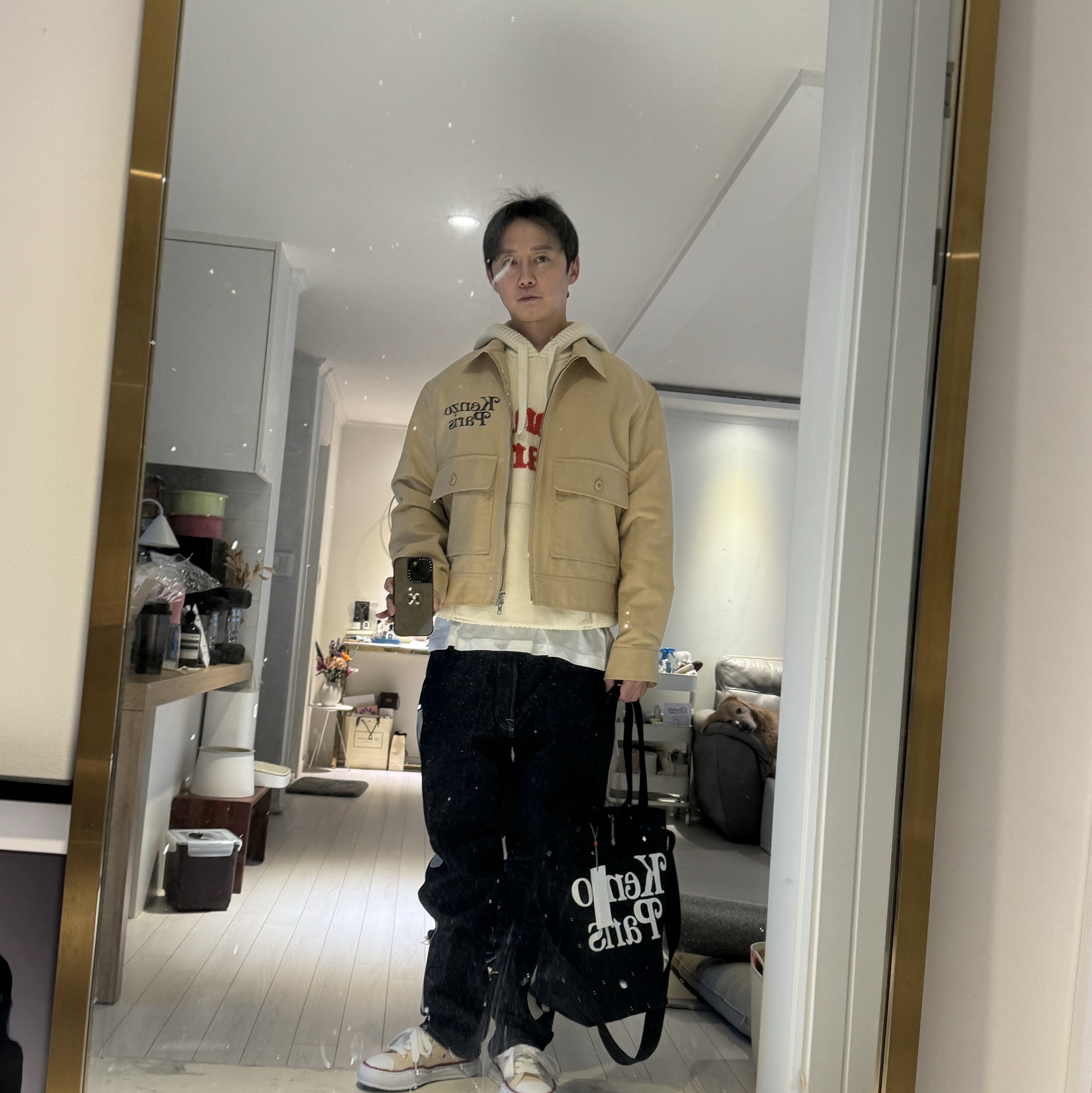 Kapital 12.5 oz. Denim Mexican Tuxedo 5P Okagilly Pants Indigo, Maison Mihara Yasuhiro Peterson OG Sole Canvas Low-top Sneakers Natural 착용 스타일 - 3